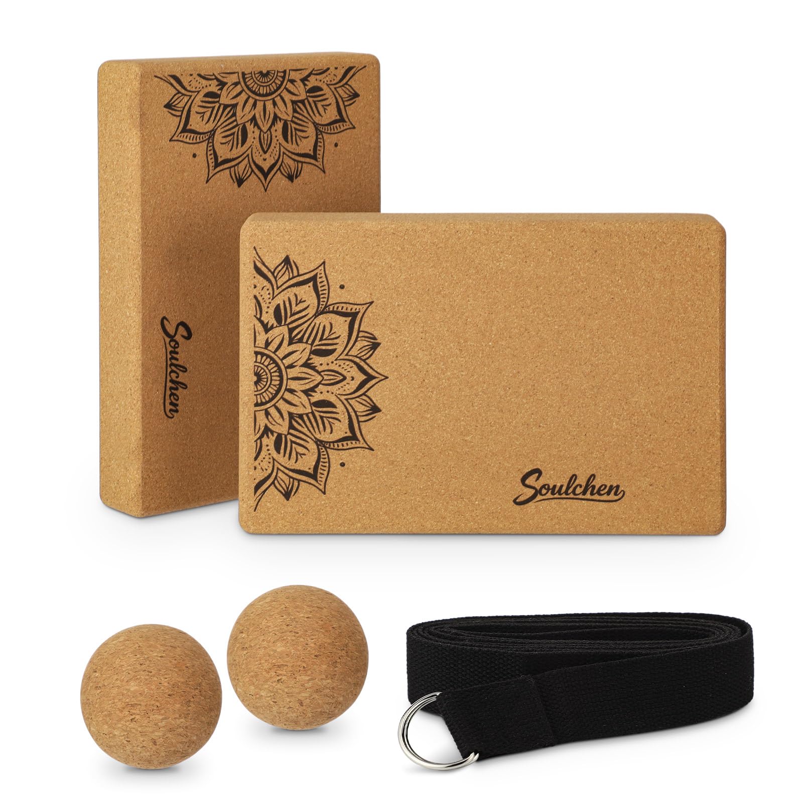 Soulchen 5 Pack Yoga Accessories for Women Set Yoga Block 2 Pack with Strap Massage Ball for Meditation