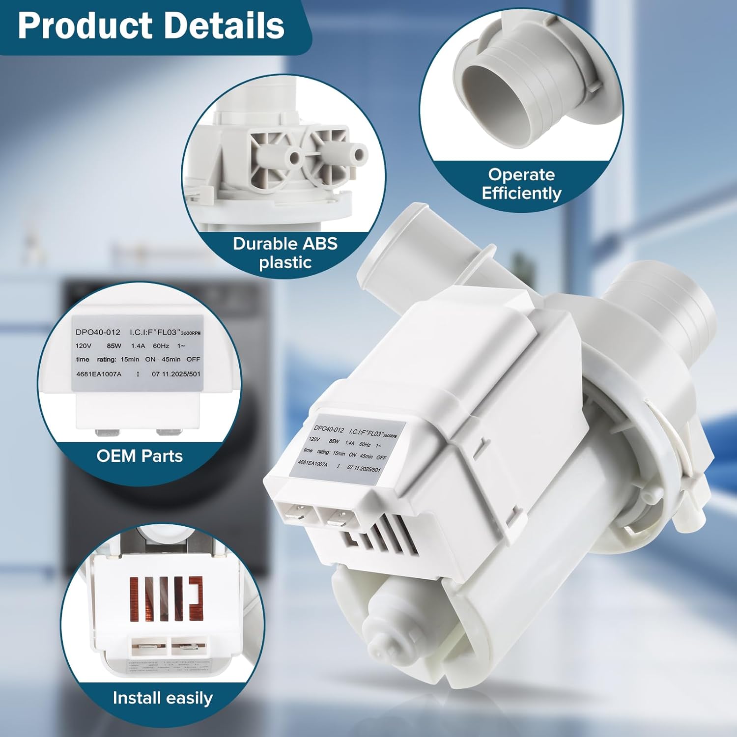 DP040-012 4681EA1007A Drain Pump (OEM), Compatible with LG Washer, Kenmore, GE washer drain pump, Replace 5859EA1004F 5859EA1004P 5859EA1004G WH23X10020, Fits for WT1101CW WT1201CV WT1201CW WT4870CW