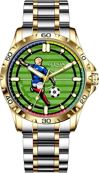 GLENAW Automatic Watch - Automatic Mechanical Watch for Men Soccer Green Dial, Luxury Sport 3ATM Waterproof Luminous Wrist Watch, 8667-gold green, Bracelet Type