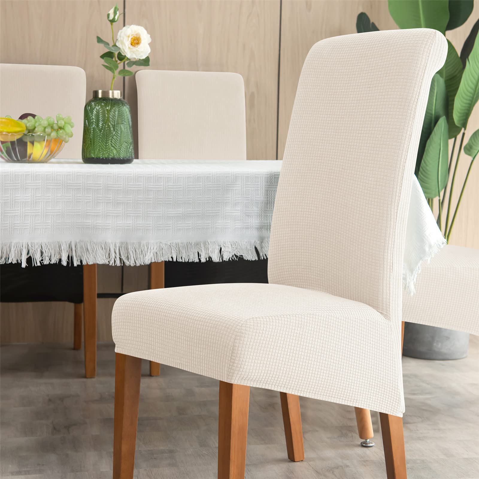 Chickwin Pack 1 2 4 6 Fundas Sillas Comedor XL Respaldo Alto, Plaid Jacquard Fundas Elasticas para Sillas de Sala, Funda para Silla Impermeable Universal Ajustable (6 Piezas,Blanco)