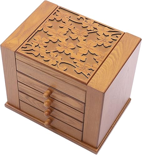 Miniatura 6 de Joyero grande de madera de 5 capas con espejo y 4 cajones, regalo para mujeres y niñas, caja de almacenamiento para collar y anillo (marrón +