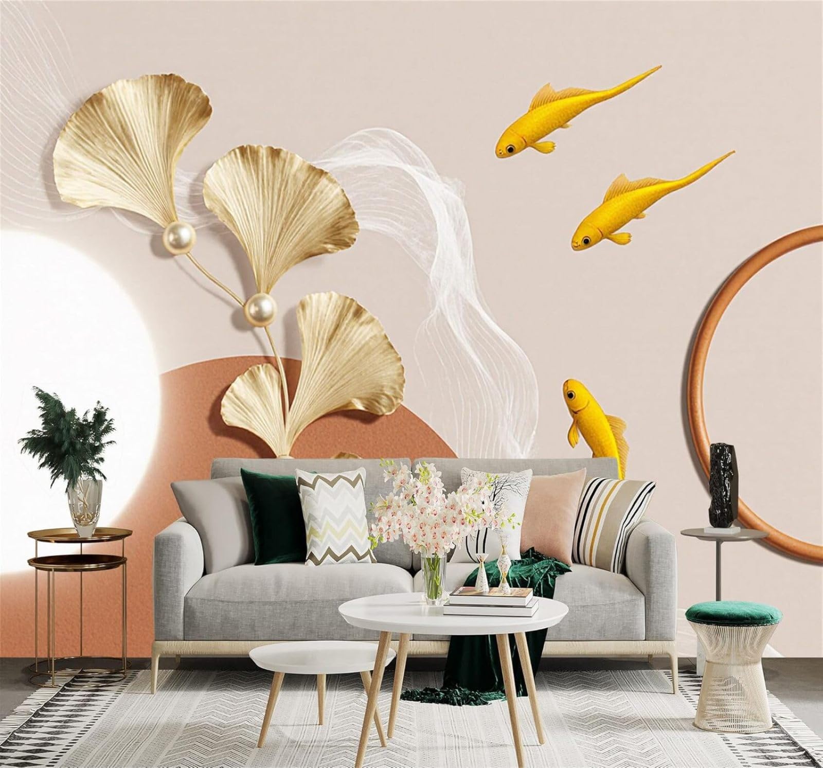 XLMING Golden Ginkgo Leaves Koi Abstract Geometric Wave Patterns 3D Wallpaper Silky Texture Home Study Office Grey Dining Room Sofa Bedroom Living Room TV Backdrop-300cm×210cm