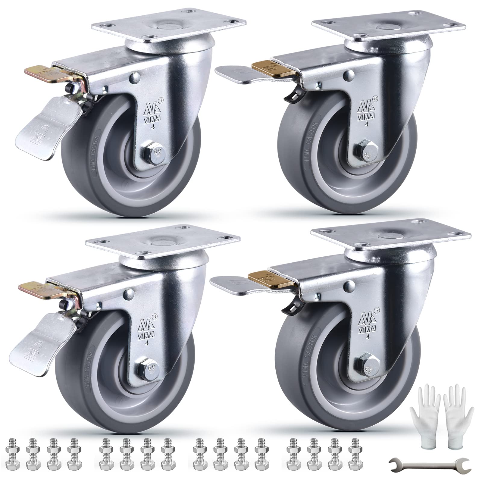 4 Inch Castets Set of 4 Heavy Duty Caster Wheels with Brake 2200Lbs Swivel TPR Rubber Wheel Silent Castor Locking Industrial Plate Casters Wheels for Cart Furniture Workbench, 4 Brake