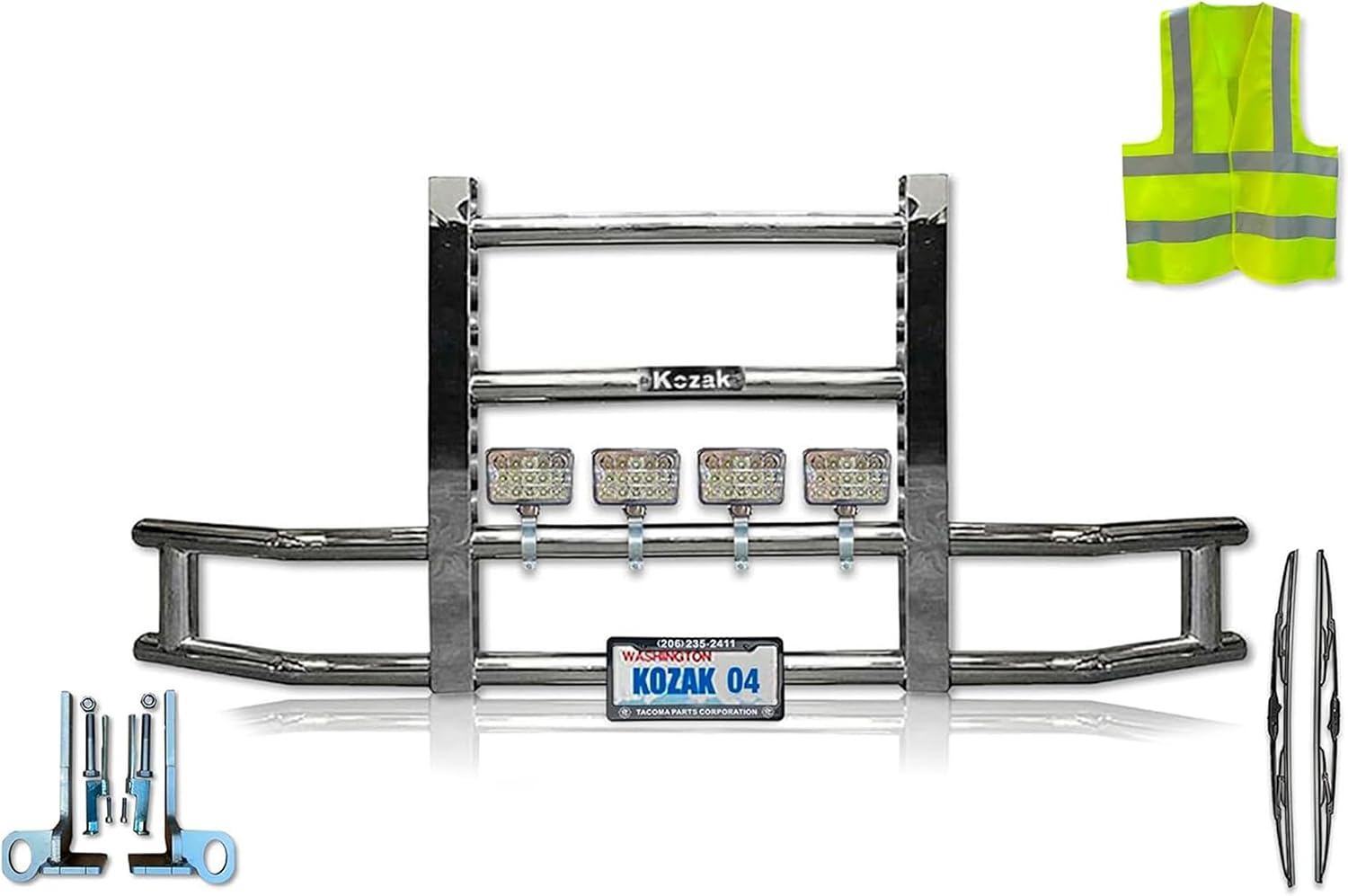 KOZAK Compatible with Peterbilt 579 2022+ No Fog Front Bumper Guard Deer Grille Guard Moose PLUS 4x 6" LED Lights, 2x22 inch Windshield Wipers, Plate Holder and Frame, Mounting Brackets, Logo and Vest