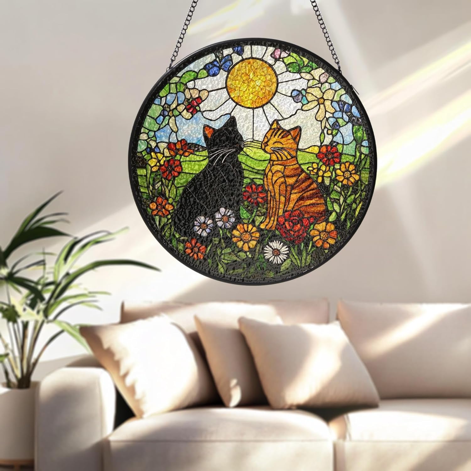 Black and Orange Cats Stained Glass Window Hanging,Cute Cat Suncatcher Home Decor,Crystal Sun Catcher for Indoor Room Garden Decorations,Pets Suncatchers Memorial Birthday Gifts for Mom Dad 11.8 in