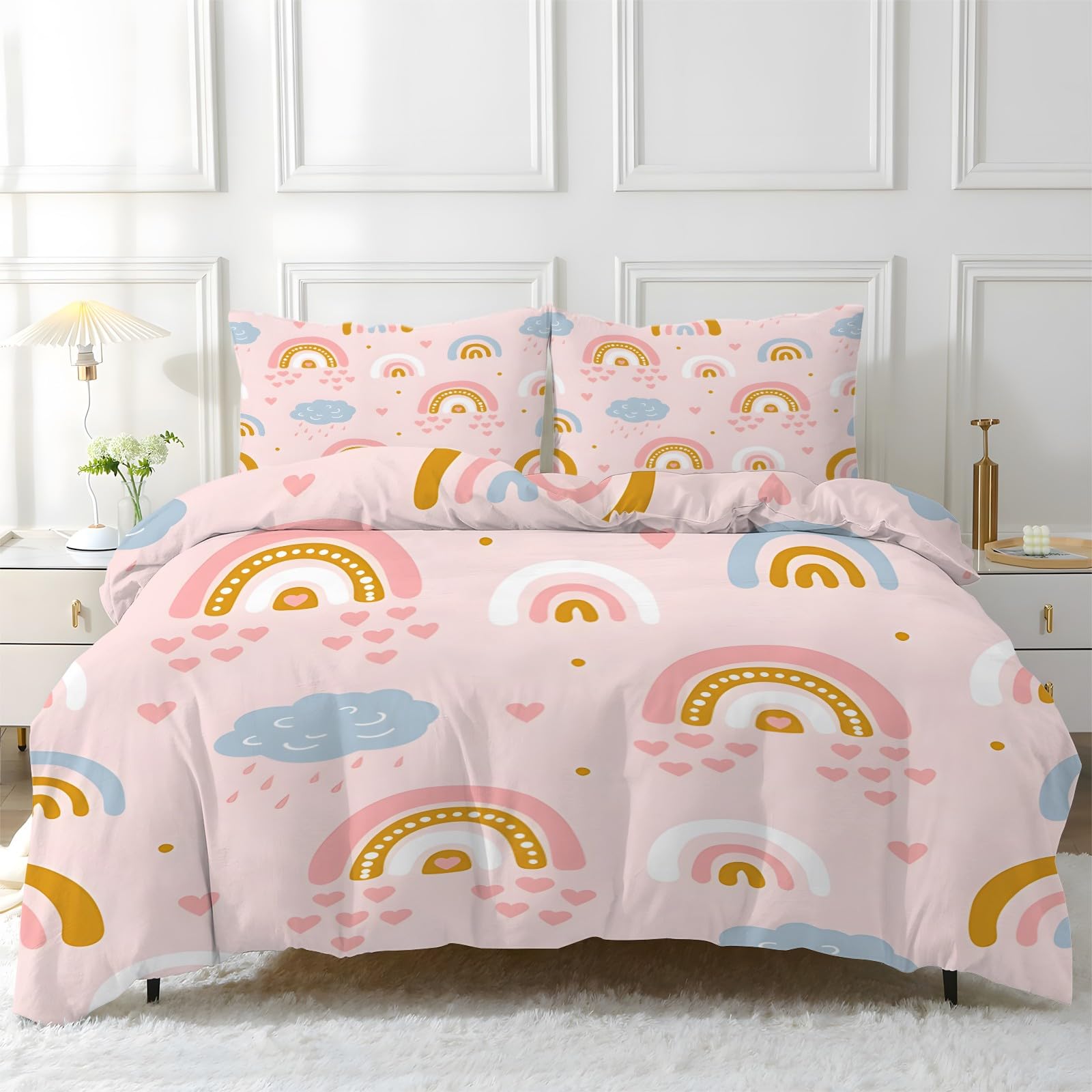 Housse de couette 200x200 rose avec 2 taies d'oreiller 65x65 en microfibre