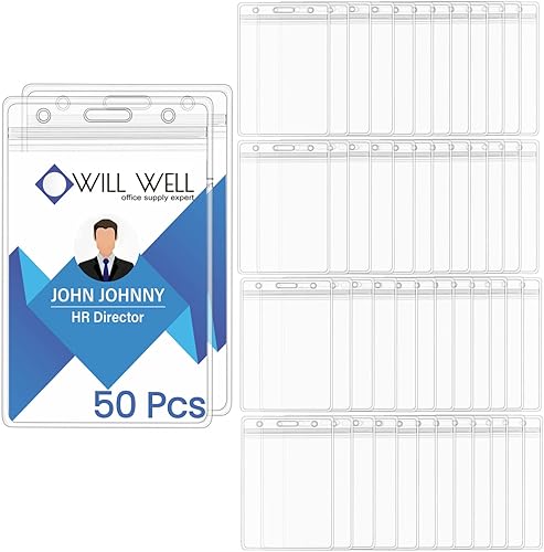 50 soportes para tarjetas de identificación extragruesos, soporte vertical de PVC transparente con cierre hermético impermeable (2.6 x 3.7 pulgadas