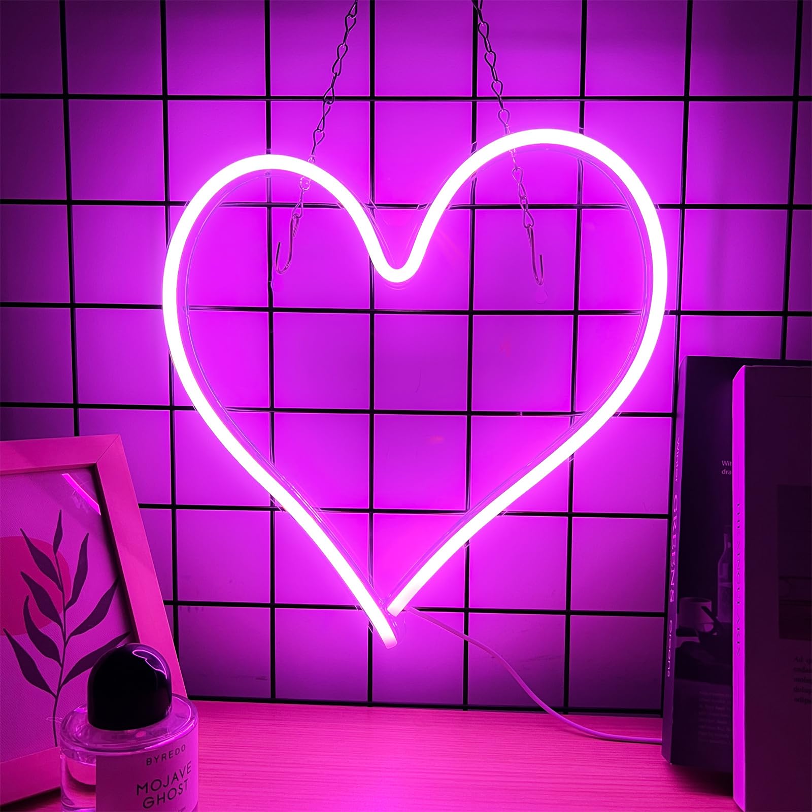 Pink Heart Neon Signs Lights - Simple Installation, 13.3 x 12.6 Inch, USB Powered, Love LED Neon Light Wall Decorations for Christmas, Wedding, Birthday, Living Room, Bar, Party
