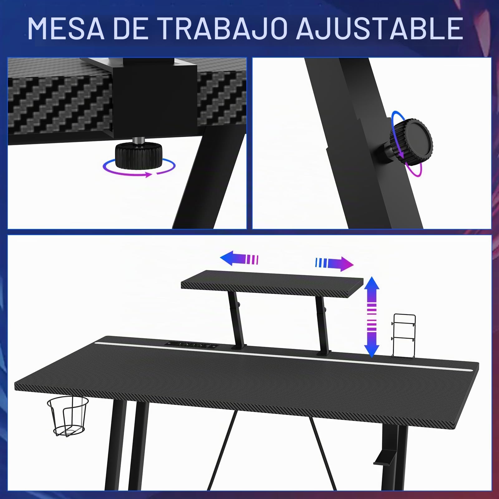 Mesa Gaming LED 100x50 cm, Escritorio Gaming con Tomas de Corriente y Luces LED