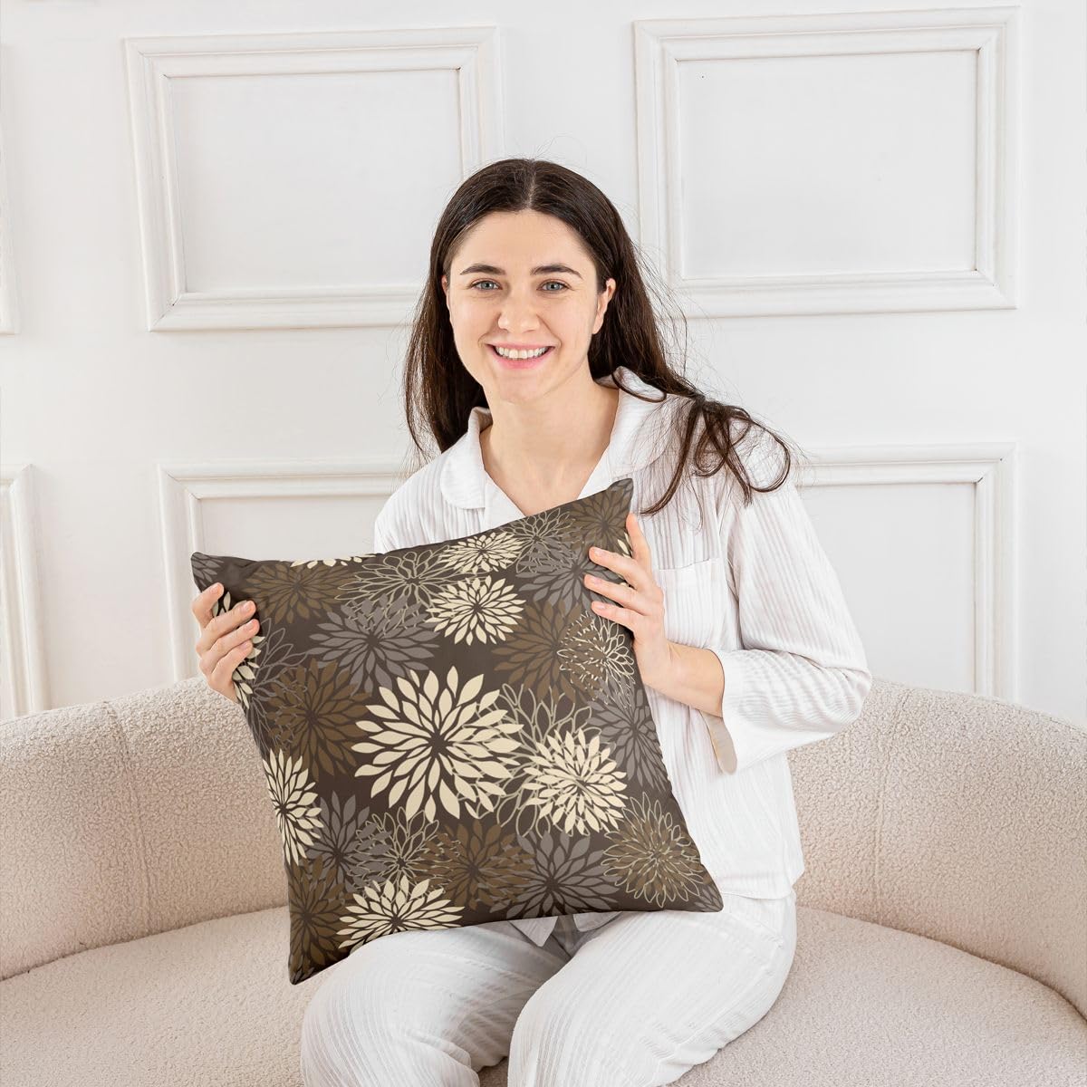 Homemissing Boho Floreale Federa per Cuscino Set di 4 Dalia Floreali Federe Quadrate Federe Farmeri Marrone Scuro Copricuscino per Divano Divano Camera da Letto Decorazione 45 x 45 cm