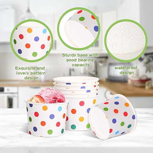Miniatura 3 de Gerrii 1000 tazas de helado a granel, cuencos de postre de papel desechables de 8 onzas, recipiente de yogur congelado de lunares arcoíris para