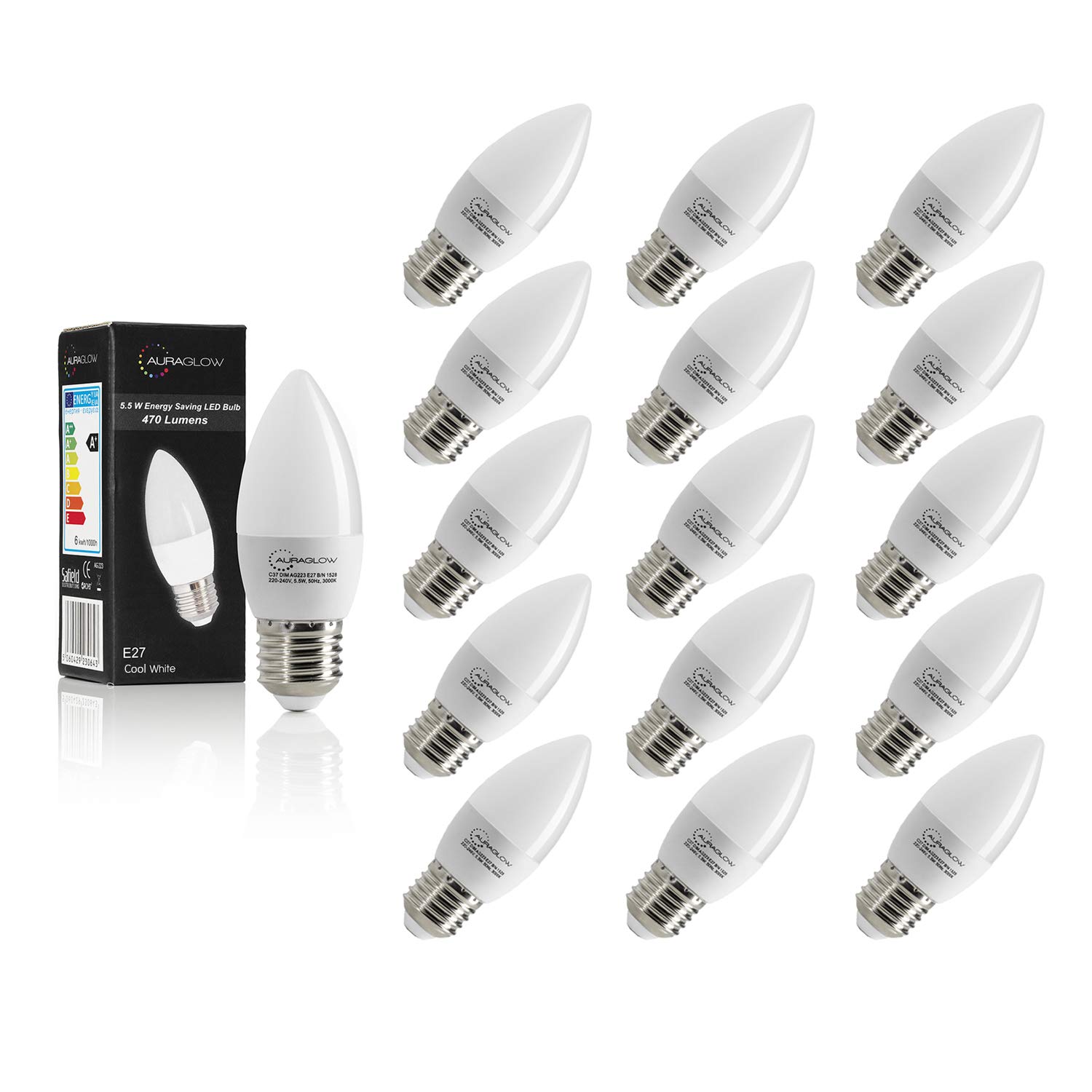 Auraglow Bombillas Vela LED E27 5W Blanco Frío Equivalente 40W, Pack de 16 | 470 lúmenes, casquillo rosca Edison 6500K, ahorro energético del 87%, ideal para arañas y luces colgantes