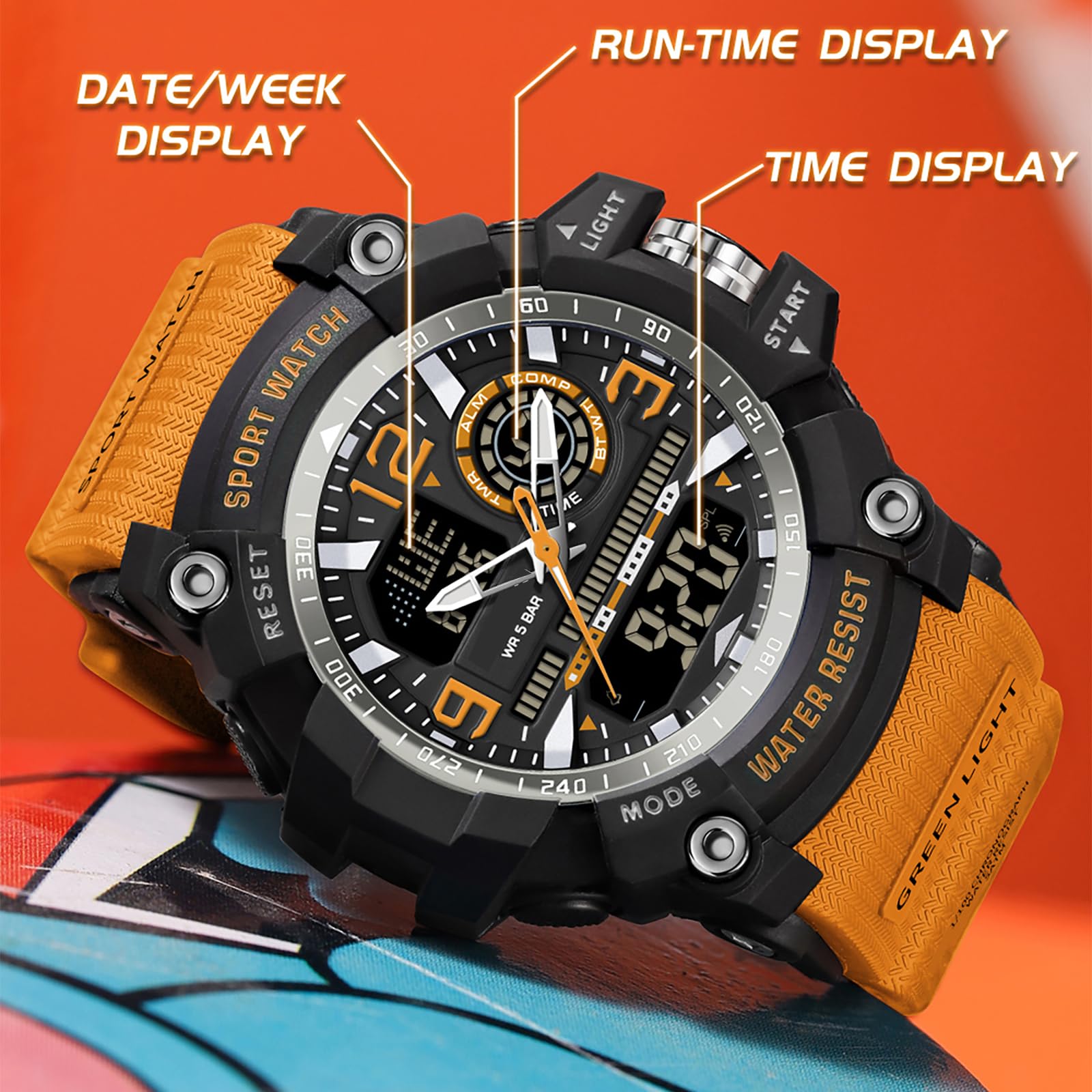findtime Montres d'extérieur pour homme, numérique, analogique, grande montre, double heure, chronomètre, rétroéclairage LED, 12/24 h, style militaire, design robuste, noir et blanc