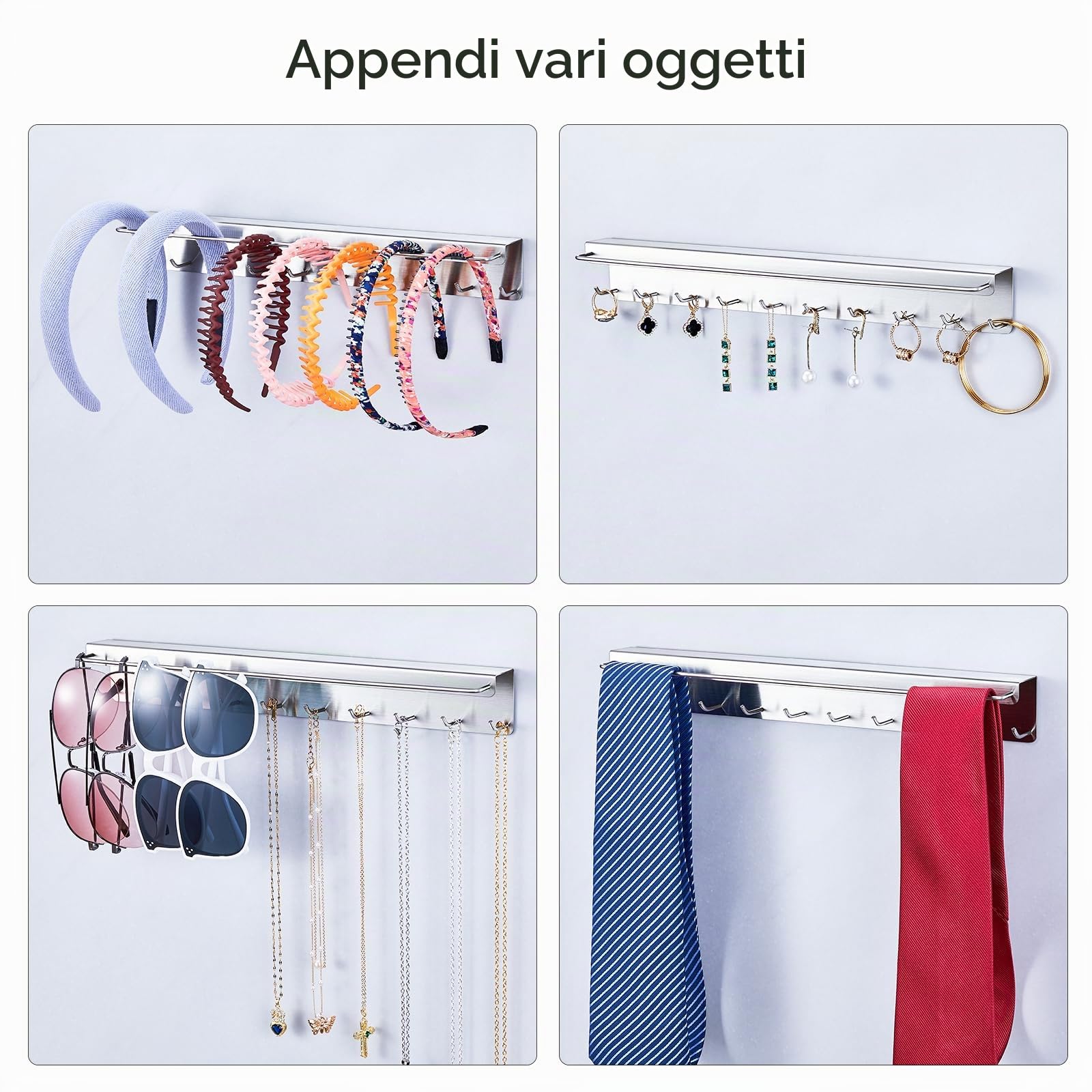 2 Pezzi Porta Collane da Parete, Espositore Gioielli per Collane, Bracciali e Orecchini, Porta Gioielli da Appendere con 20 Ganci, porta Occhiali, Organizer occhiali Da sole (Argento)