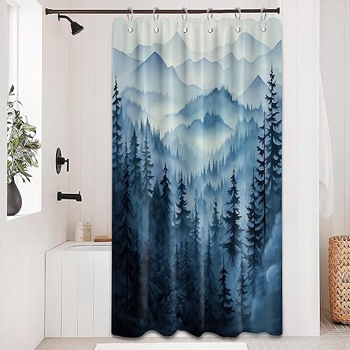 Miniatura 70 de Cortina de ducha azul marino de bosque Cortina de ducha azul oscuro de montaña y naturaleza para decoración de baño de hombres, tela impermeable con