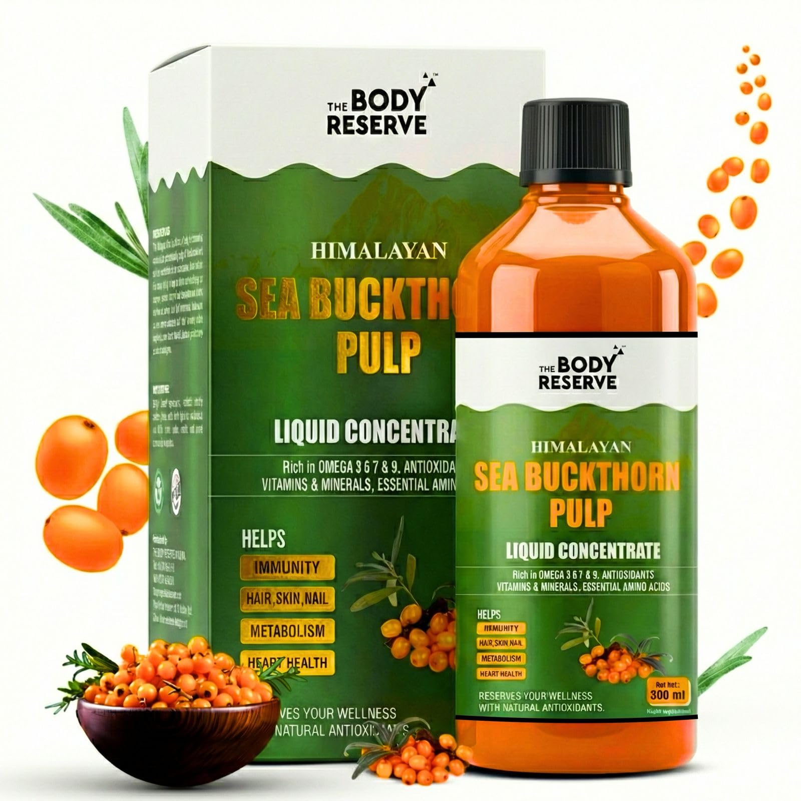 The Body Reserve Himalayan Sea Buckthorn Juice 500ml Berry Pulp Concentrate Makes 85 Glasses, Rich in Natural Vitamin C, Omega 3 6 7 9, Antioxidants for skin Glow, immunity Heart & Gut health support