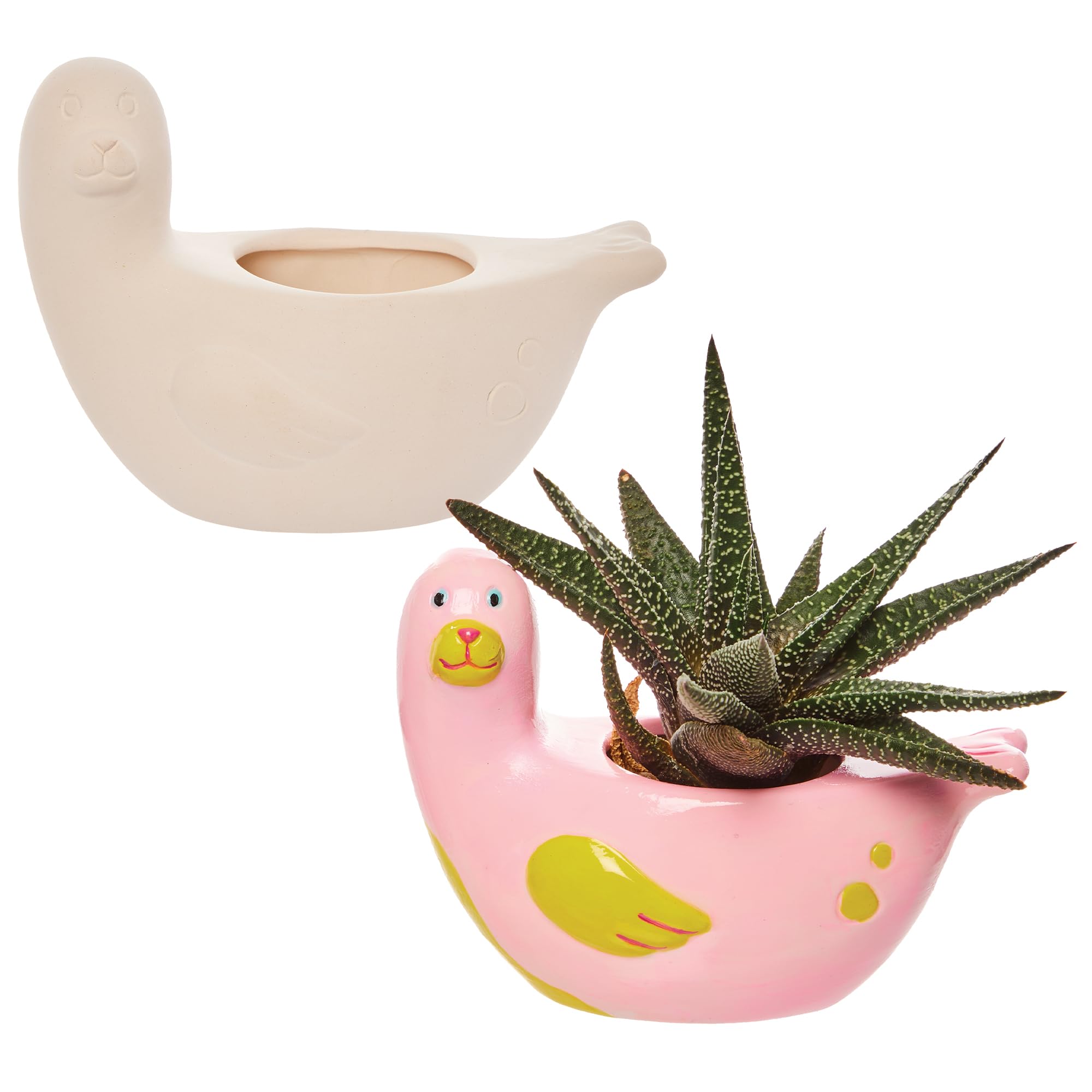 Baker Ross FX747 Seal Ceramic Flowerpots - Pack of 2 - Ceramic Painting for Kids, Flower Pots for Kids