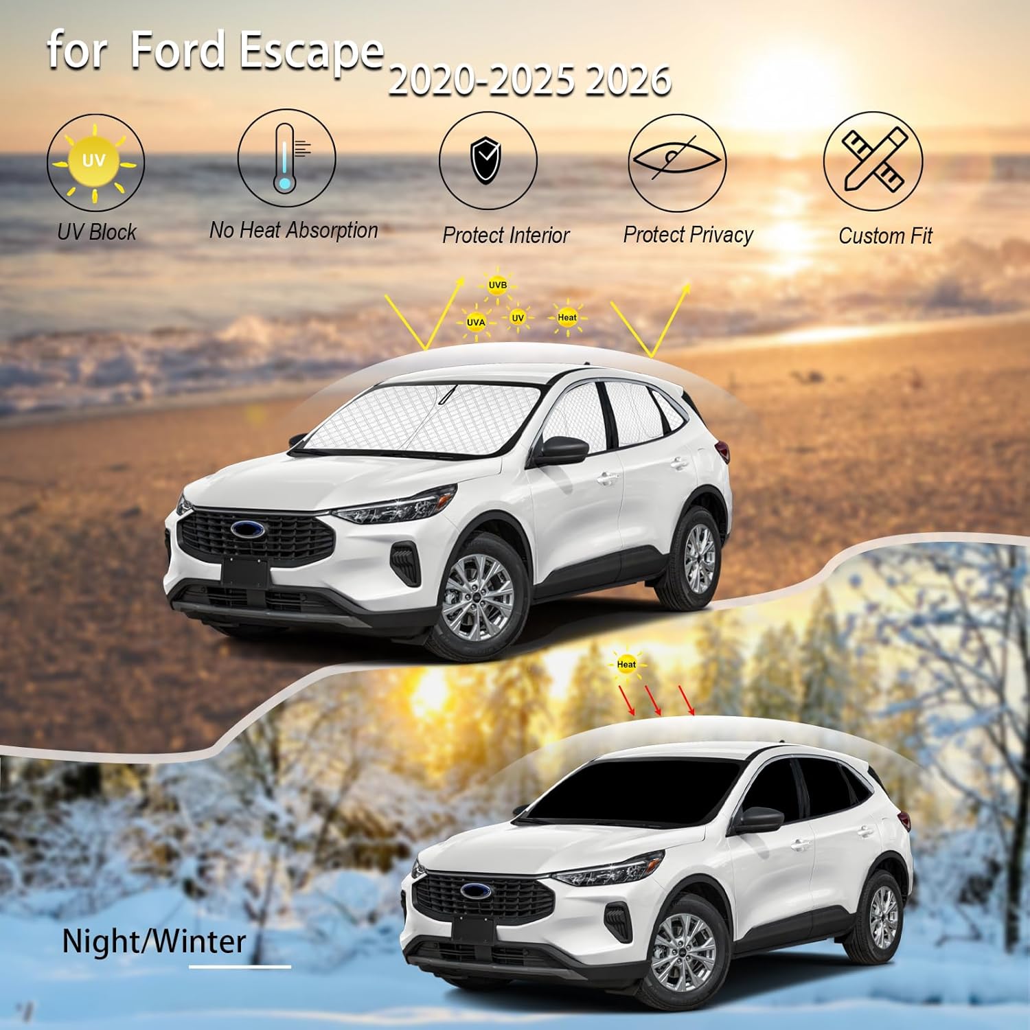 KMF Thicken Windshield Sun Shade for Ford Escape 2020-2026 Accessories, Foldable Custom Fit Full Car Window Shades for Protector Block UV Rays and Light Blocking Camping