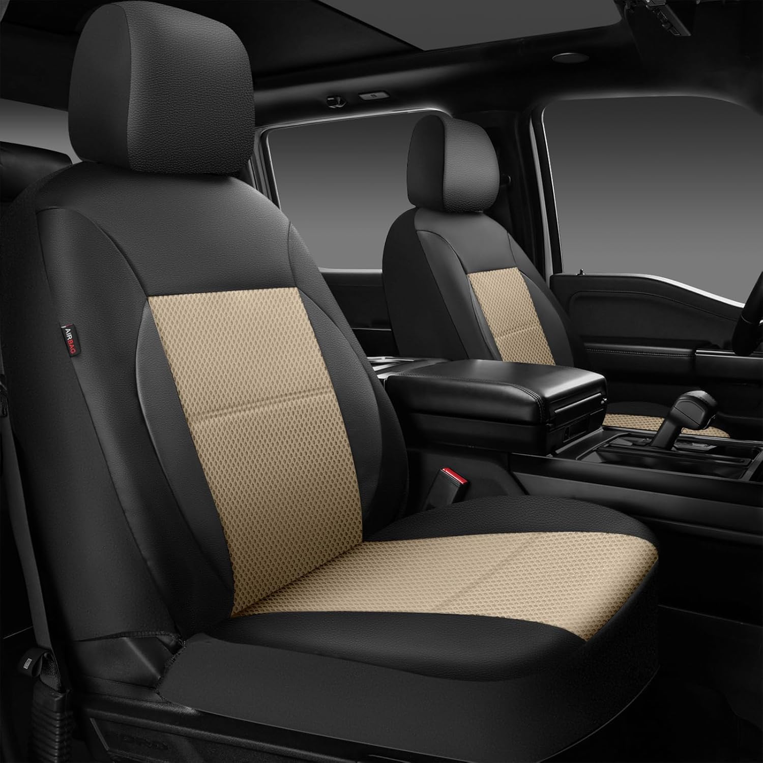 CAR PASS Leather Seat Covers Breathable Air Mesh Car Seat Cover Full Set Super 5mm Sponge Inside, Airbag Compatible, Universal Automotive Interior Cover Fit for Car SUV Truck Van Black Beige