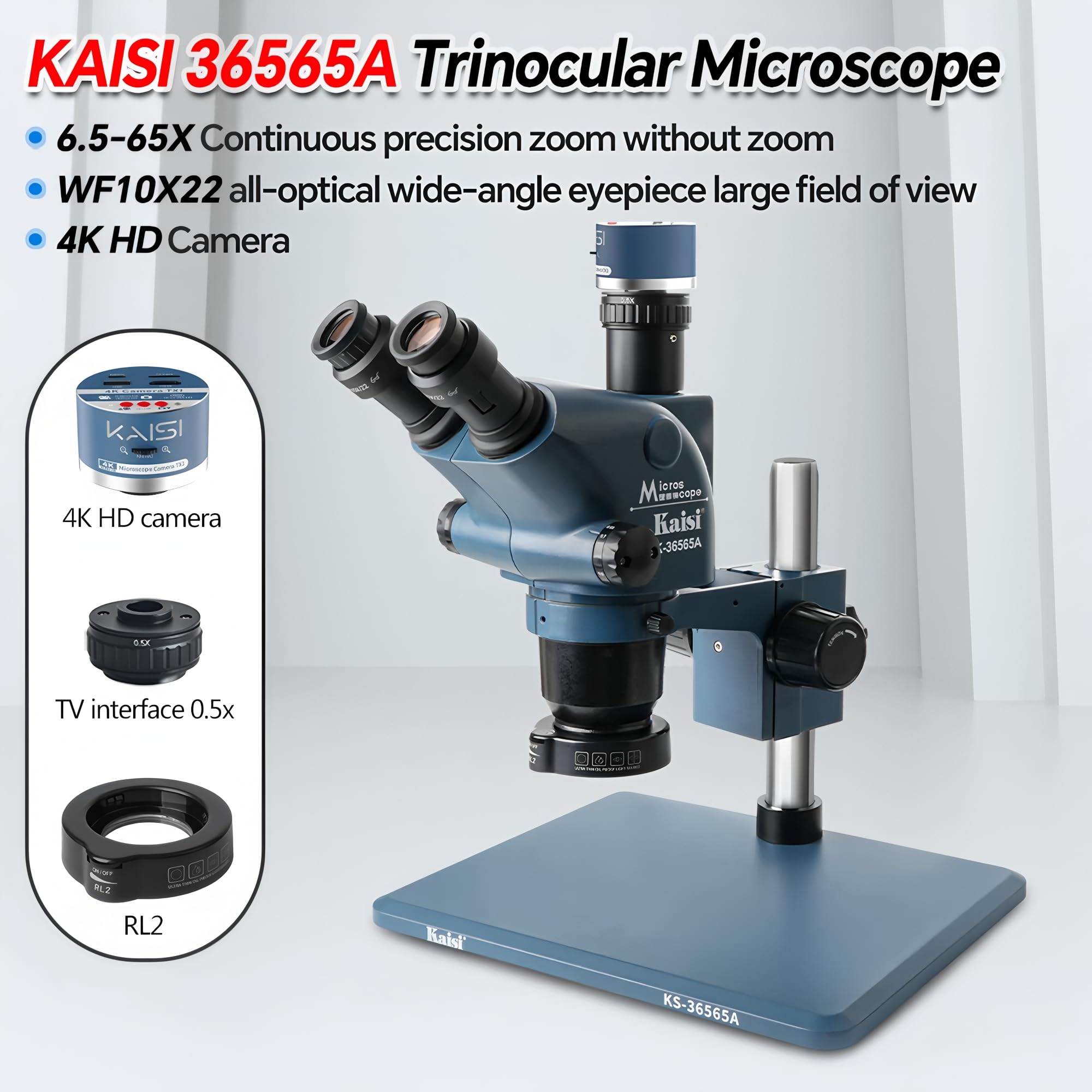 Kaisi 36565A - Microscopio trinoculare con zoom 6,5-65, 4K HD, grande base, riparazione telefono, PCB SMD BGA strumenti per saldatura (36565A-0.5ctv-RL2)