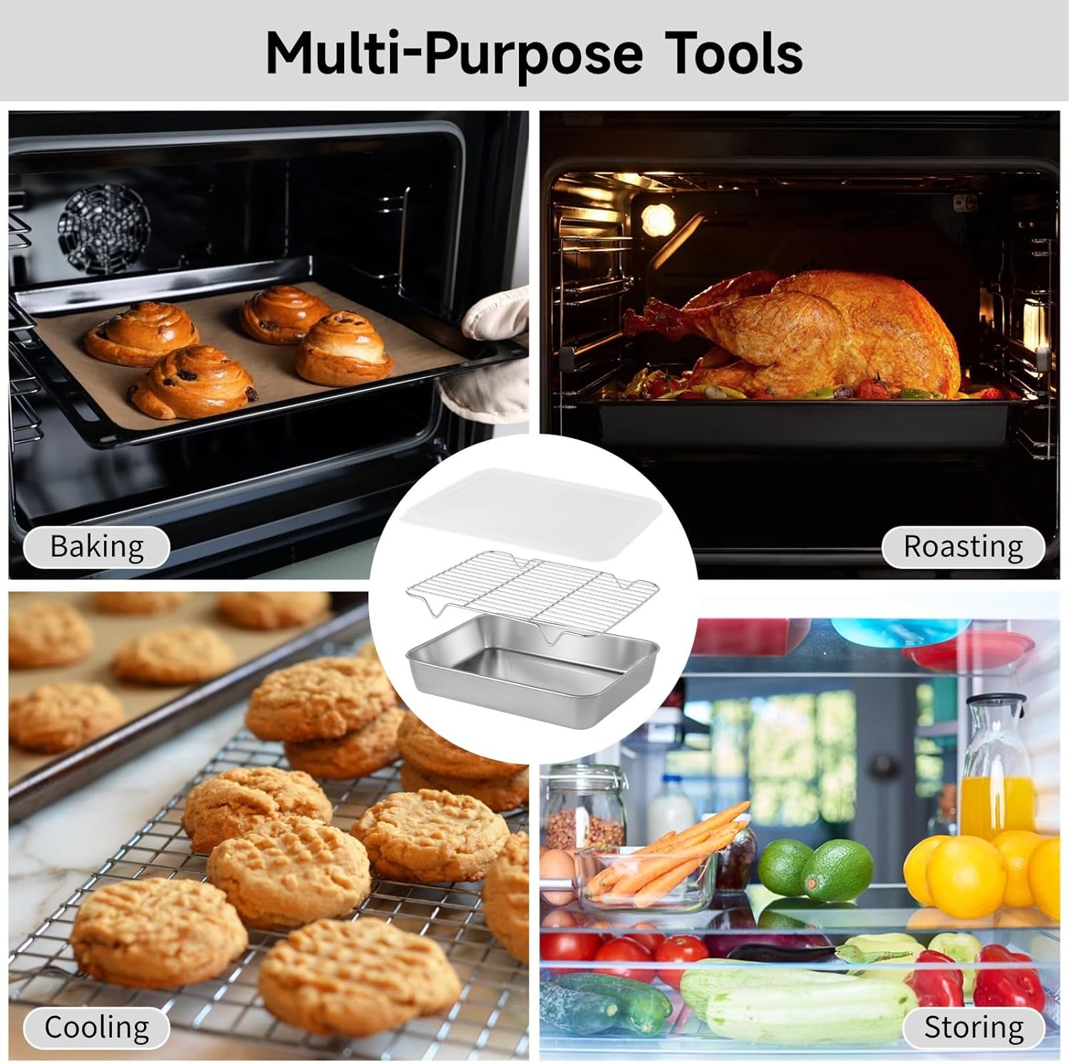 2-Piece Baking Trays Set With Airtight Lids & Cooling Racks, 3-In-1 Roasting Pans, Stainless Steel Rectangular Oven Pans For Roasting, Cooking & Serving