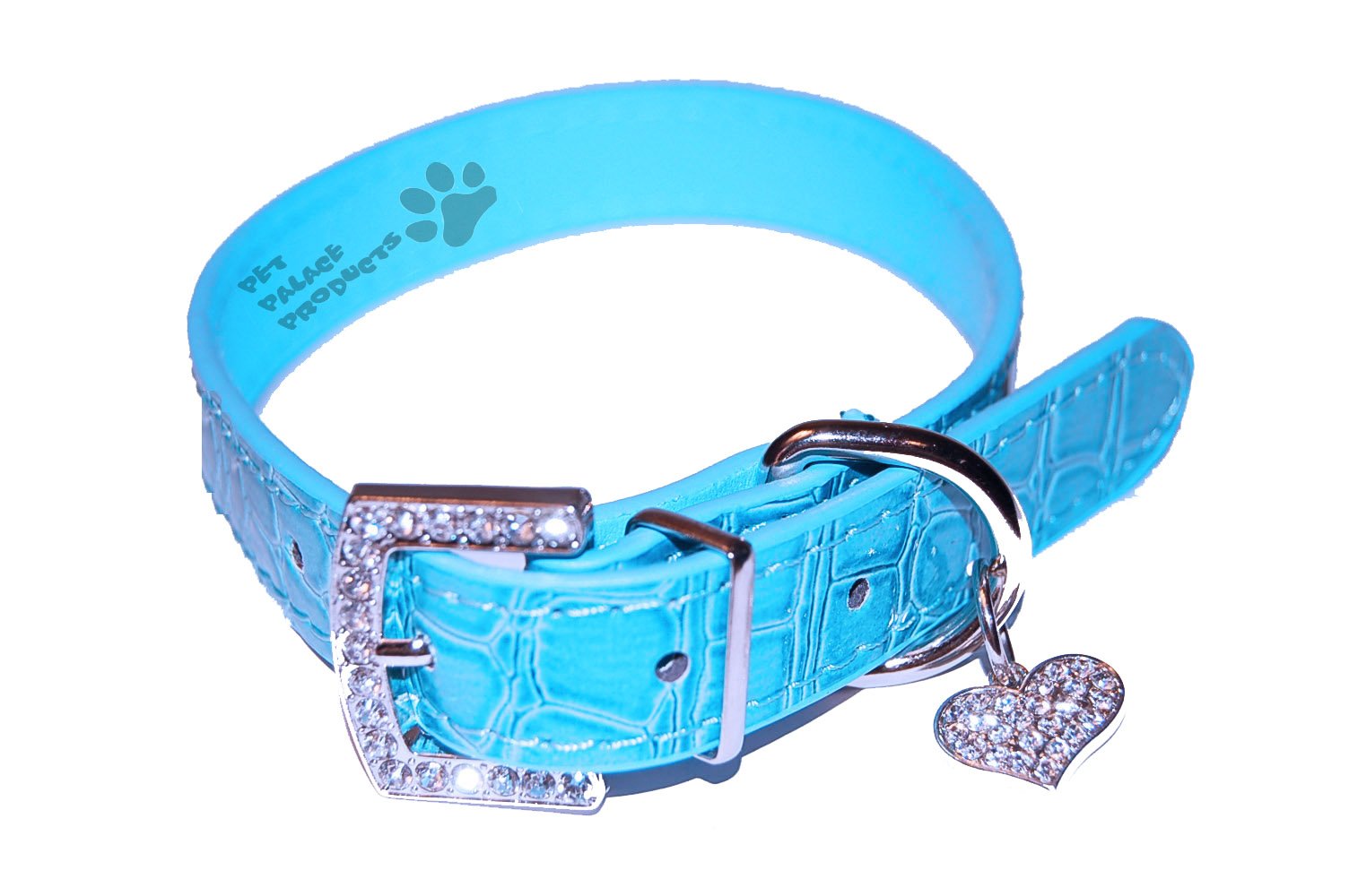 "Crocodile Smile PU BLUE Leather Dog Puppy Collar with Diamond Buckle and Cute Rhinestone Heart Charm PLUS FREE LED SAFETY FLASHING COLLAR TAG!