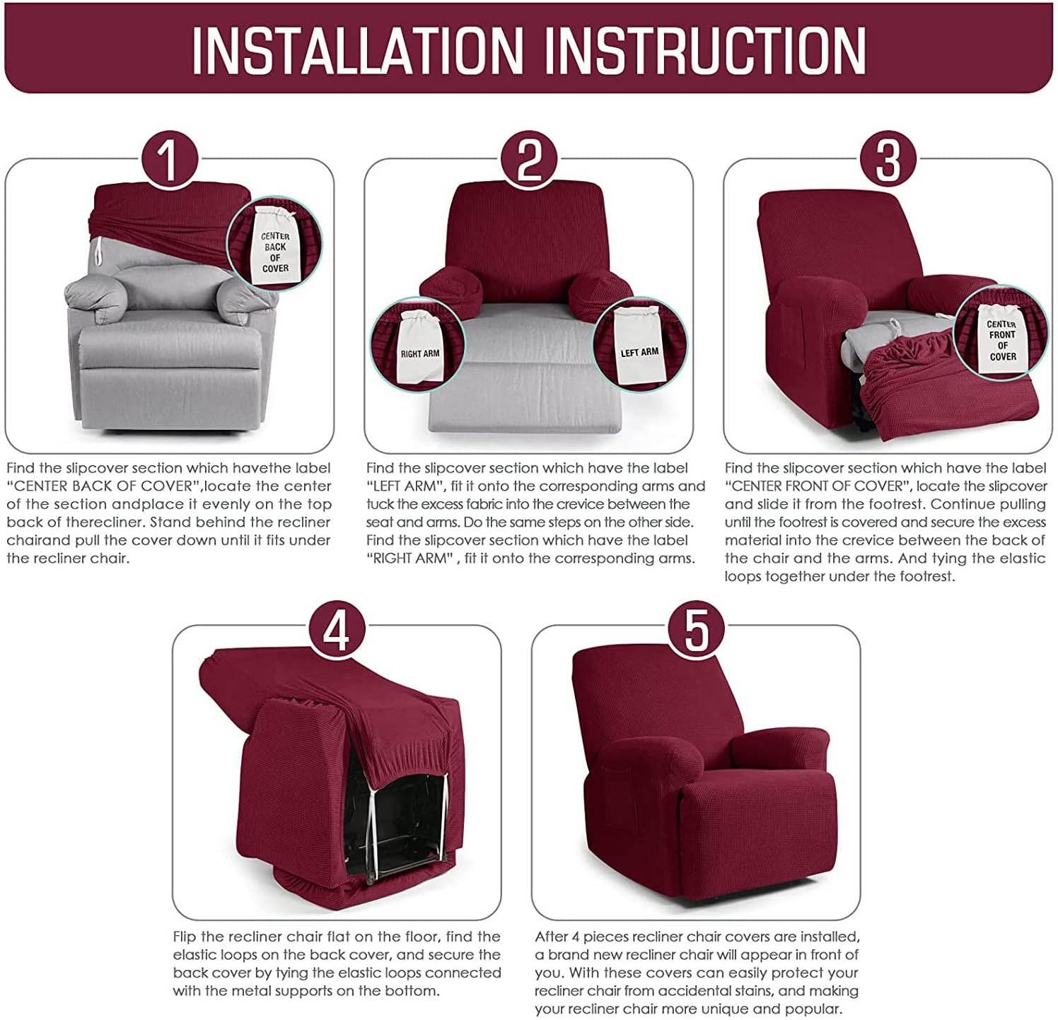 Konsilsa Stretch Recliner Chair Covers for Reclining Chair 4 Piece, Single seat Stretch Recliner slipcover Thickened Recliner Chair Cover Anti-Slip Armchair Cover Washable Furniture Protector