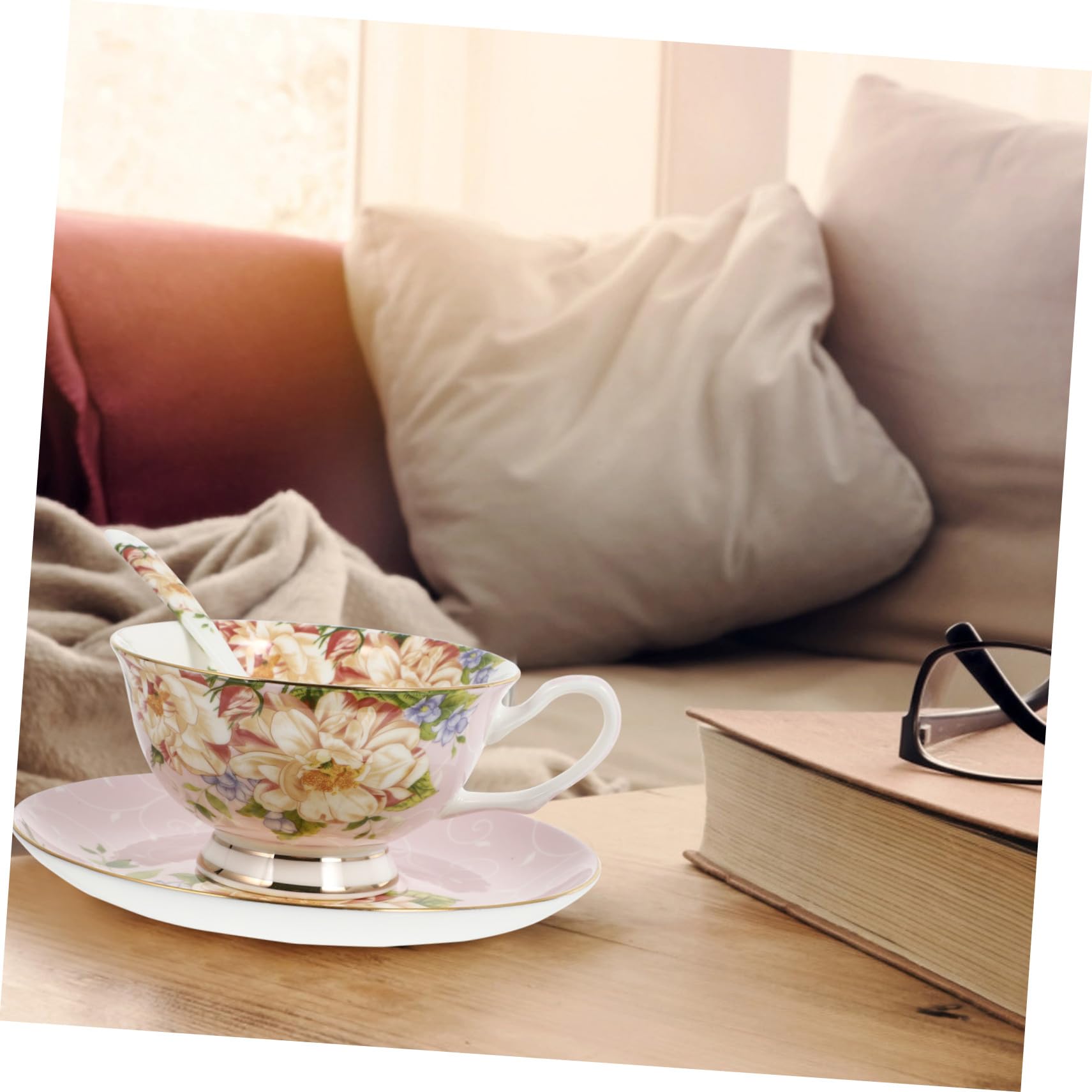 Porzellan Kaffee Und Teetasse Mit Untertasse Löffel Blumenmuster Pink Innen Für Haushalt Büro Café Geschenkset