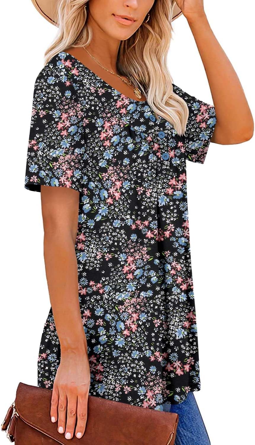 ROSELINLIN Women's Short Sleeve Shirts Floral Summer Tops Loose Fit for Leggings - Image 3