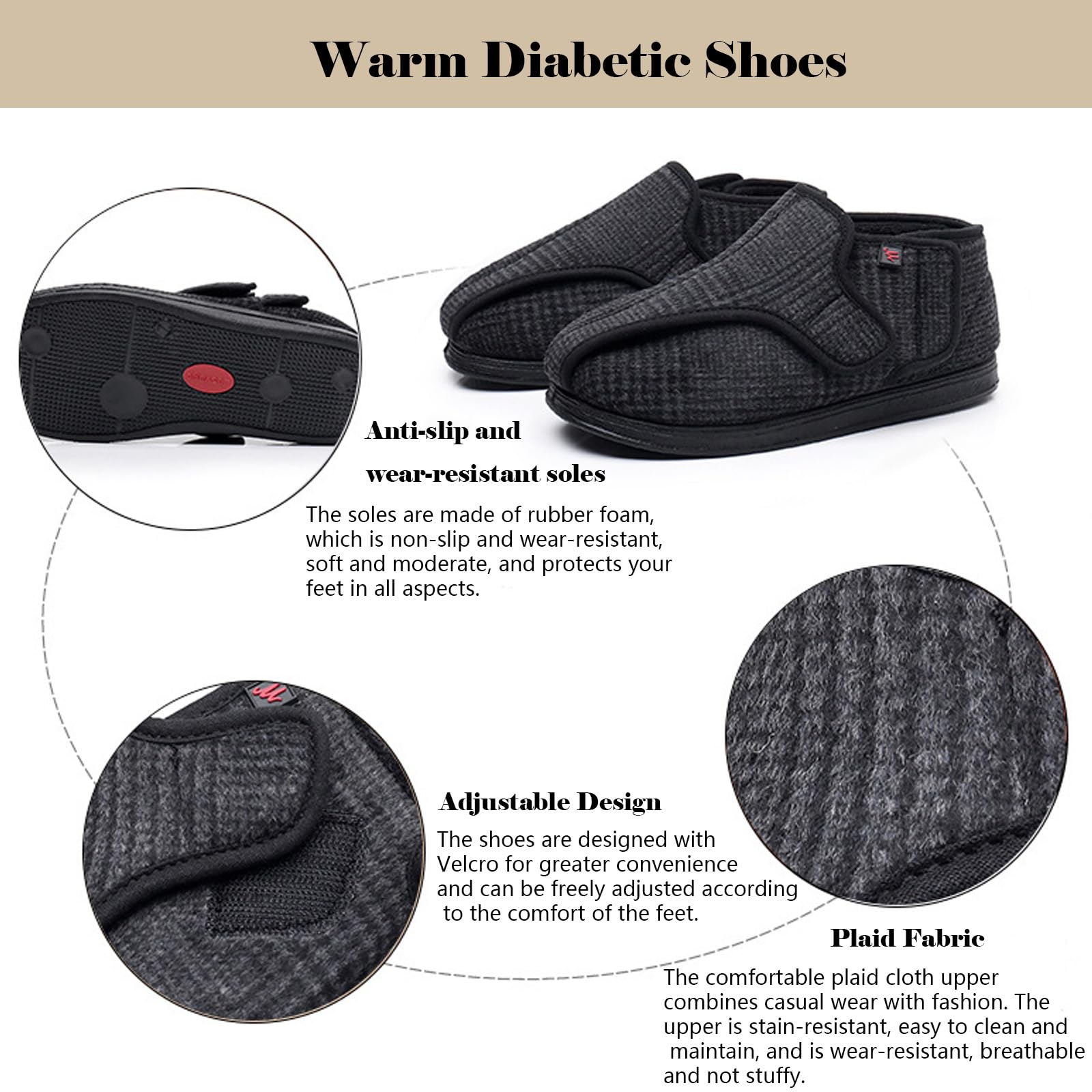 bumuam Zapatilla Ancho Especial Mujer,Zapatos para Diabéticos Anchos Cálidos Ajustables Pies Hinchados Pantuflas Ligeros Amortiguadores para Ancianos EU 41(26cm/10.2in)