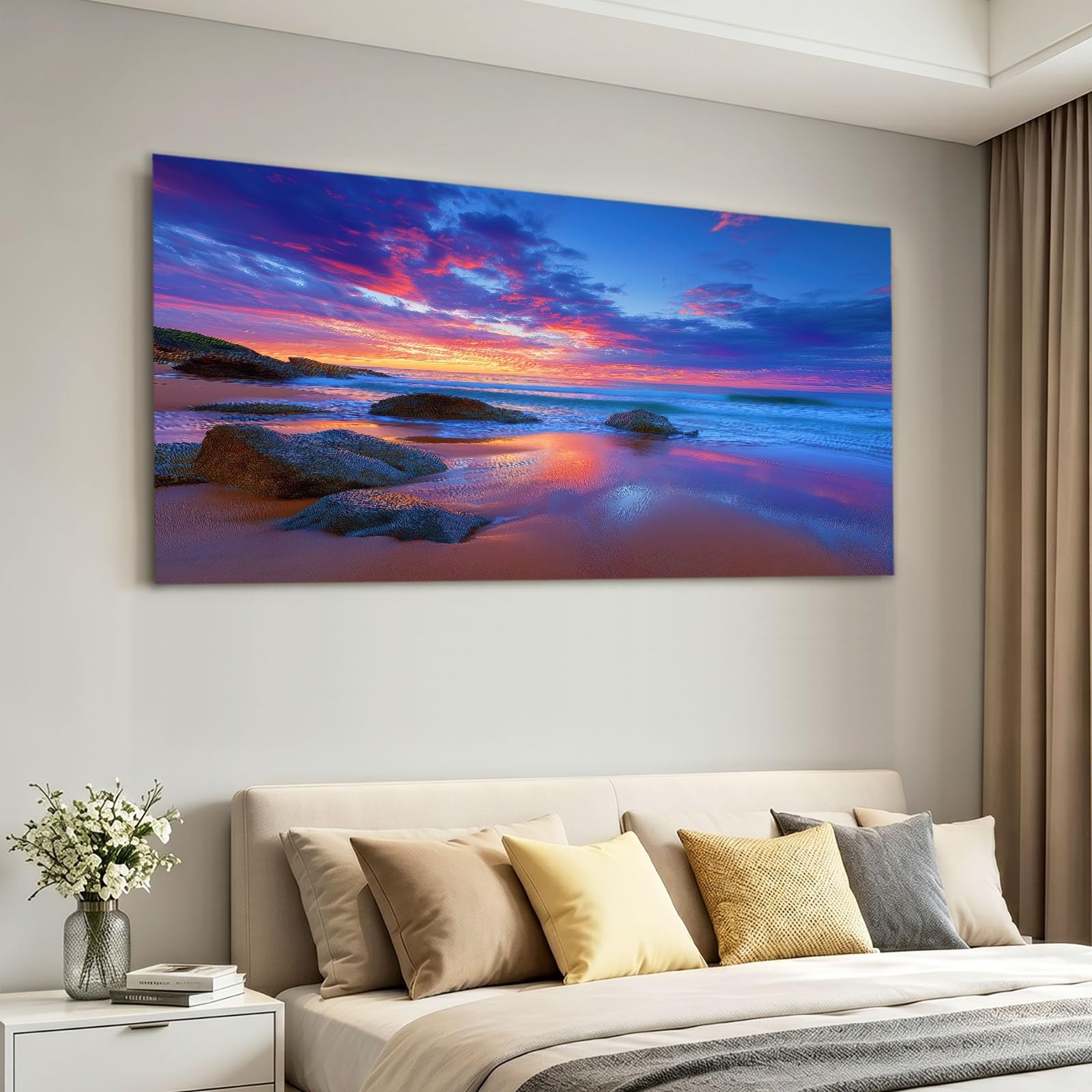 Obraz ścienny natura wybrzeże obraz na płótnie - płótno ścienne 120 x 80 cm druk na płótnie z plażą wieczorną czerwień chmury, oprawiona sztuka ścienna do salonu i sypialni, dekoracja ścienna