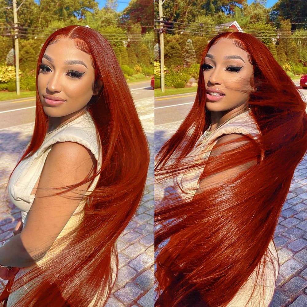 Reddish Brown Lace Front Wigs - Pre Plucked 30 Inch Glueless Wig, HD Transparent Lace, Straight Auburn Colored, Lace Front Full Frontal Wig