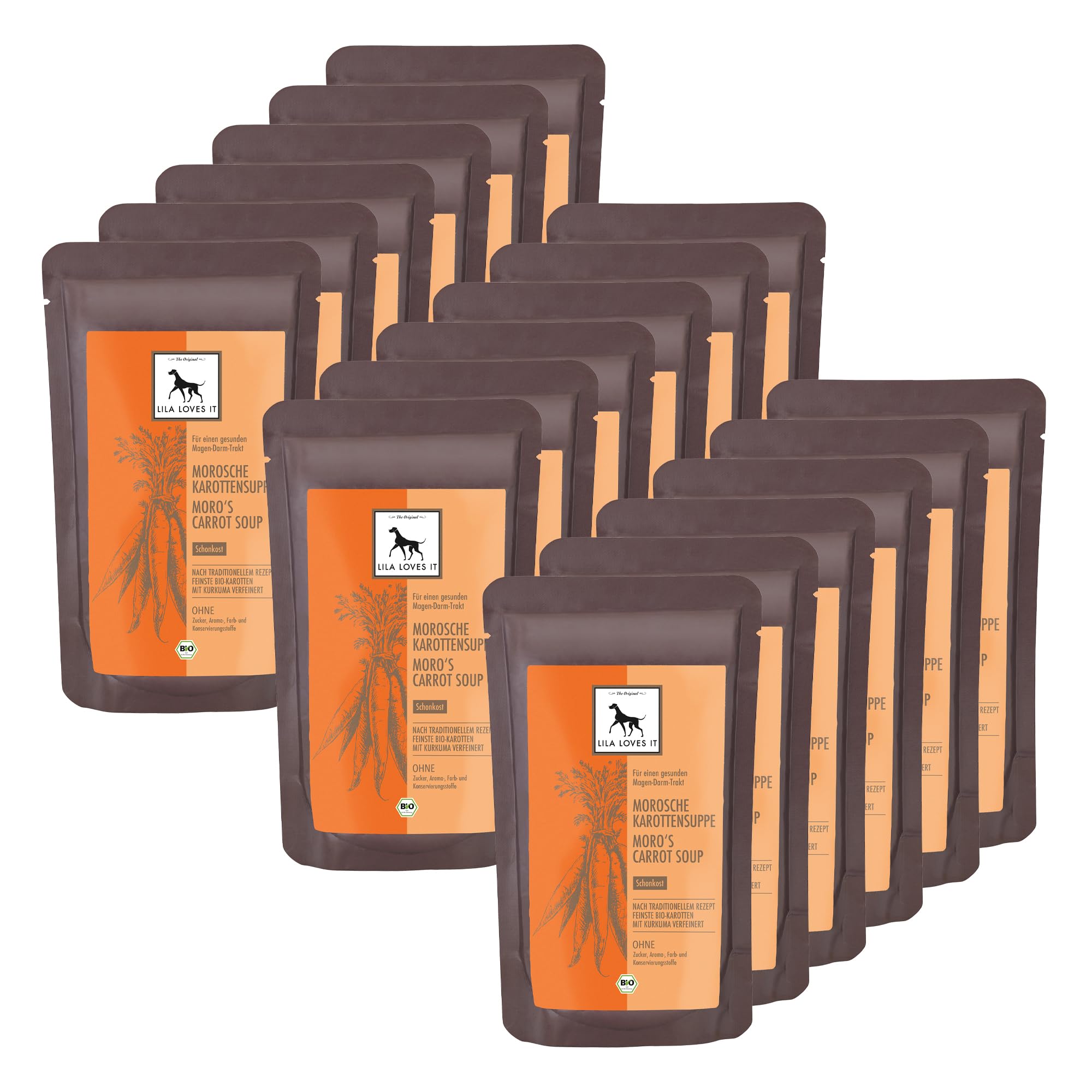 LILA LOVES IT Bio Morosche Karottensuppe für Hunde – altbewährtem Hausrezept, beruhigt den Magen-Darm-Trakt, vegan, Bio MOROSCHE KAROTTENSUPPE, 18 x 130ml Beutel