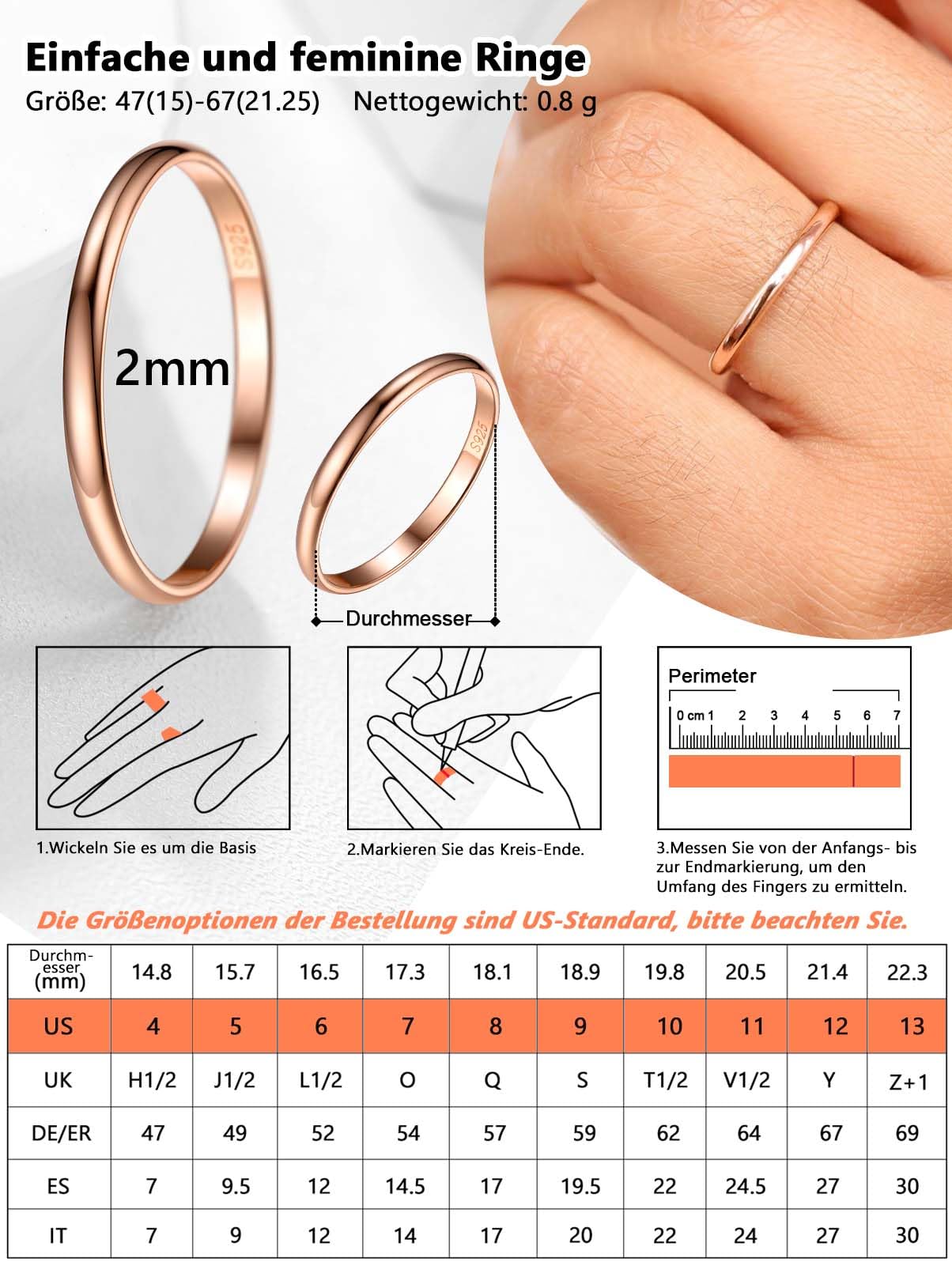 Silvora 925 Silber Damen Ring 2mm/3mm/5mm breit Personalisierter Fingerring mit Gravur Schlichter Verlobungsring Ehering Hochzeitsring in Silber/Rosegold/Schwarz Ringgröße 46.8(14.8)- 67.2(21.25)