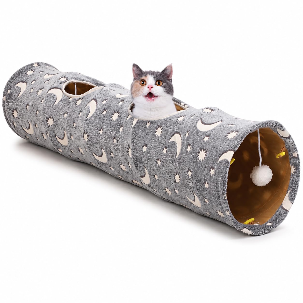 Tubo de túnel de gato con bola de peluche, plegable, fotoluminiscencia luminosa, para mascotas pequeñas, conejos, gatitos, hurones, cachorros y perros, estrella de luna gris