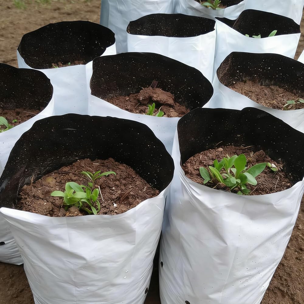 TOP-MAX 25 bolsas de cultivo de plástico con agujeros de drenaje, bolsas de cultivo de plástico transpirable blanco y negro para interiores y exteriores, contenedores de cultivo para verduras, hierbas