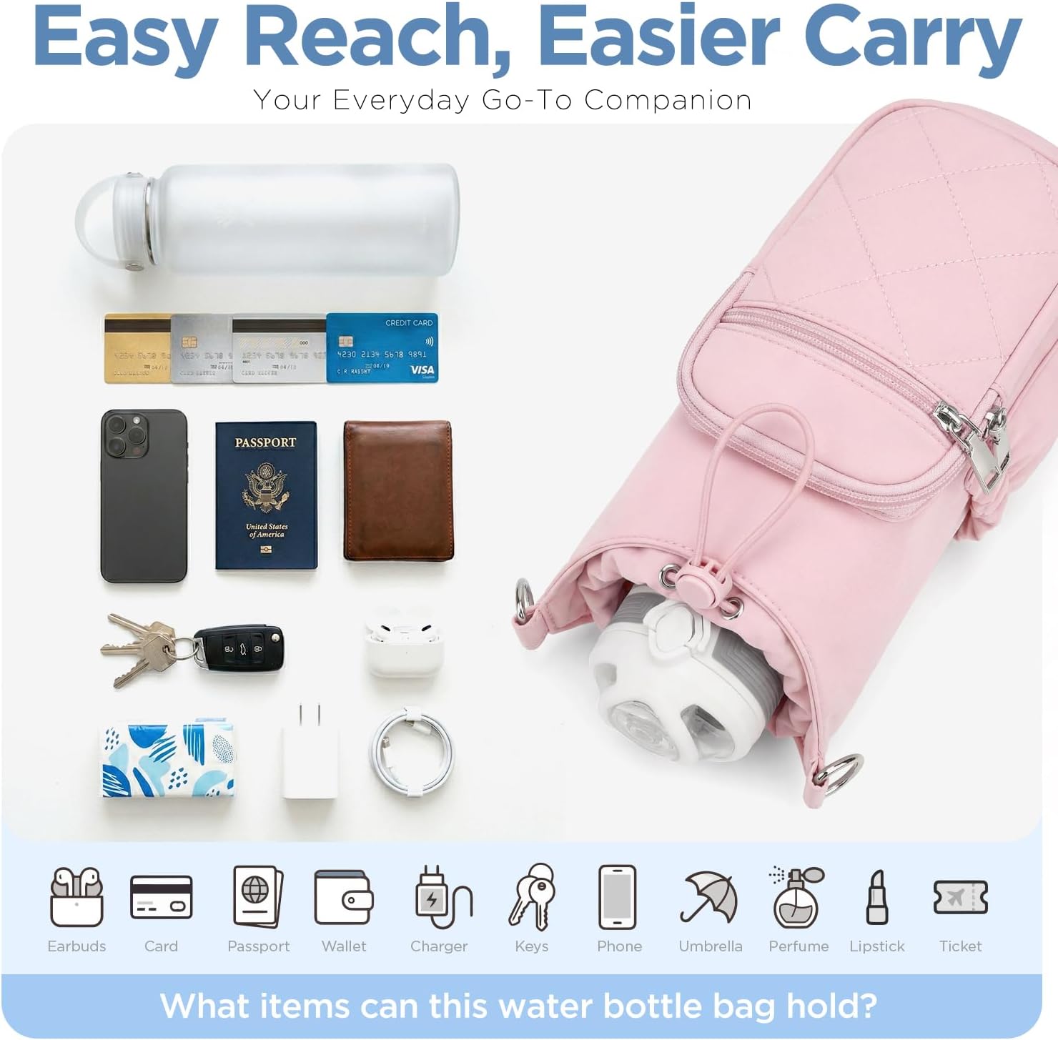 Crossbody Water Bottle Bag for Women, Lightweight Insulated Water Bottle Carrier with Phone Pocket, Secure &Hands-Free for Walking, Travel, Outdoor (Up to 40oz) Pink