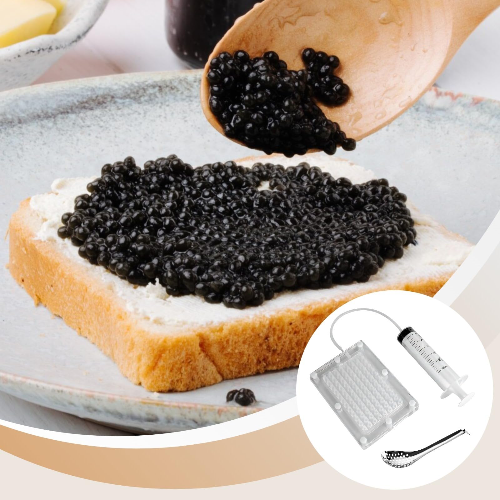 Set di contenitori sferici per caviale, kit per gastronomia molecolare con cucchiaio, siringa, tubo e scatola di caviale, 96 palline di caviale in un solo uso, set completo