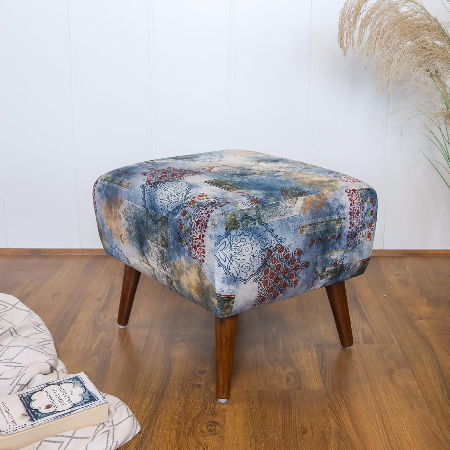 The Artage Puffy Stool for Living Room Vanity Dressing Table Sitting Blue Printed Premium Foam Cushioned Pouffe Ottoman for Foot Rest Stool for Home Decor Furniture Wooden (Floral) (Soft Blue)