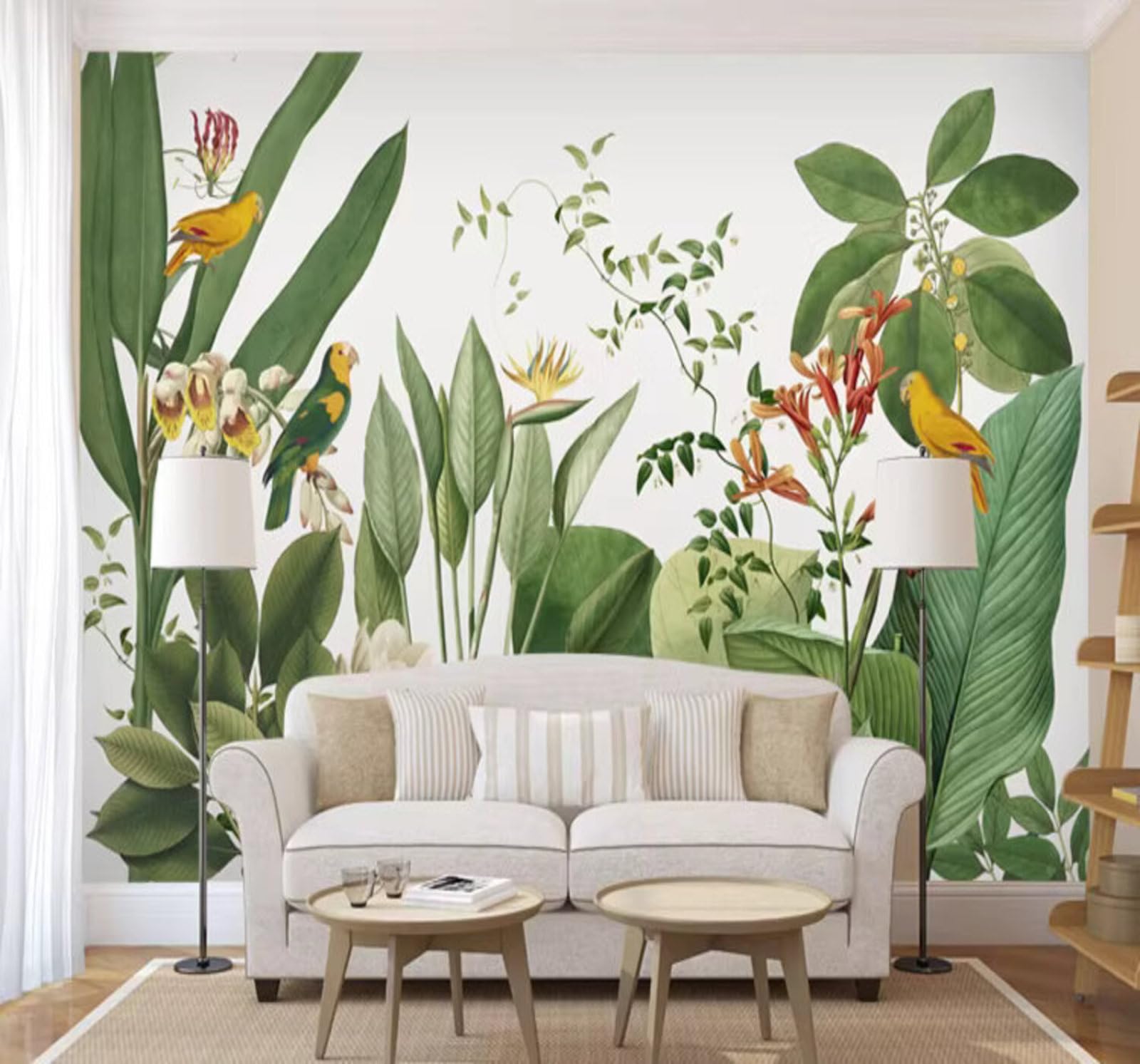 Wallpaper-3D-Xlm 250Cm×170Cm(B×H) Fresh Plants Green Banana Leaf Flowers And Birds 3D Wallpaper Easy Install Feature Office Living Room Sofa Bedroom Tv Background Wall Decoration-250Cm×170Cm