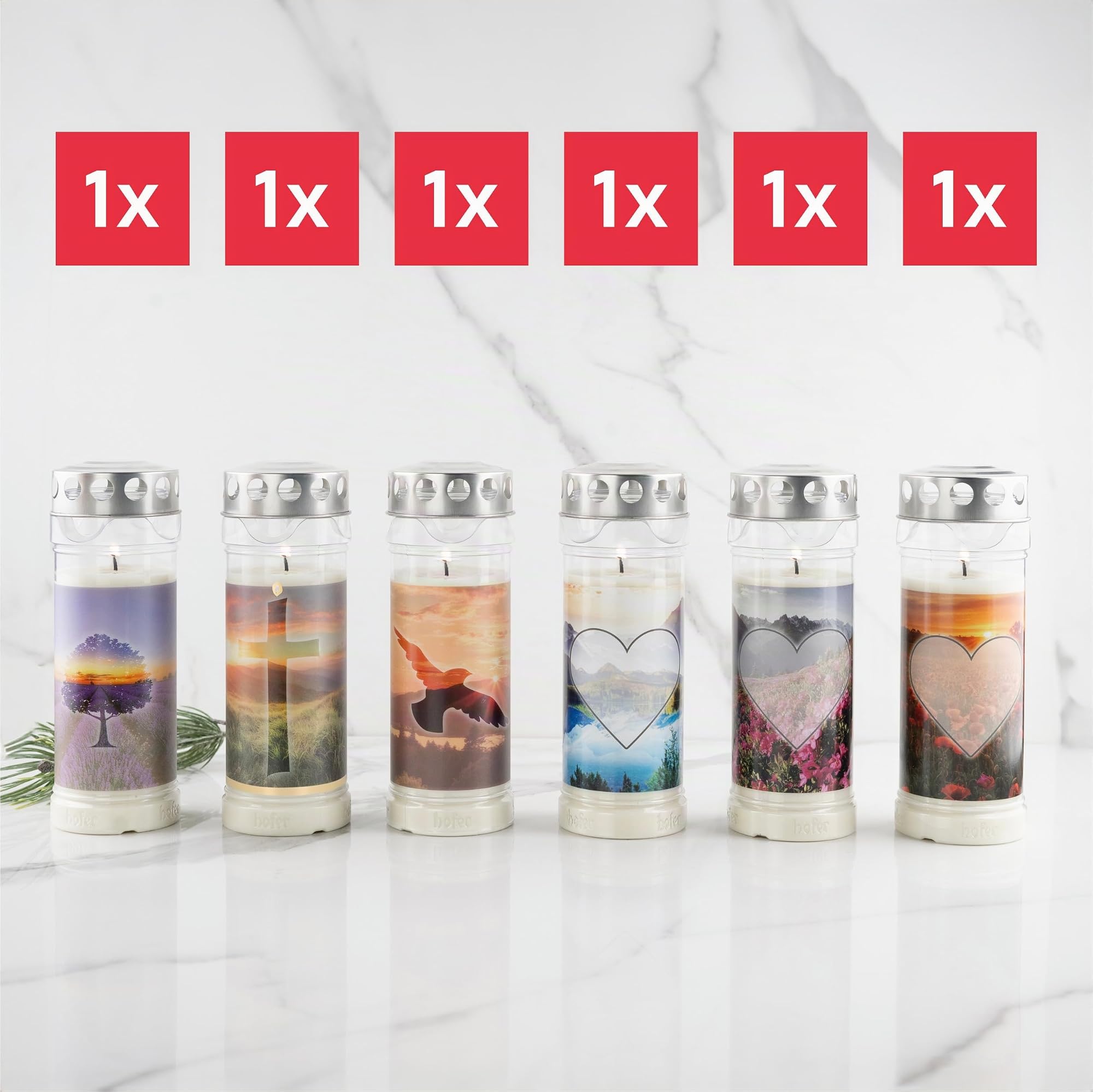 HOFER lumini per cimitero con motivo, 7 giorni di durata [Desiderio] – Set di 6 candele per condoglianze con coperchio, candele per decorazione tombale e decorazione tombale