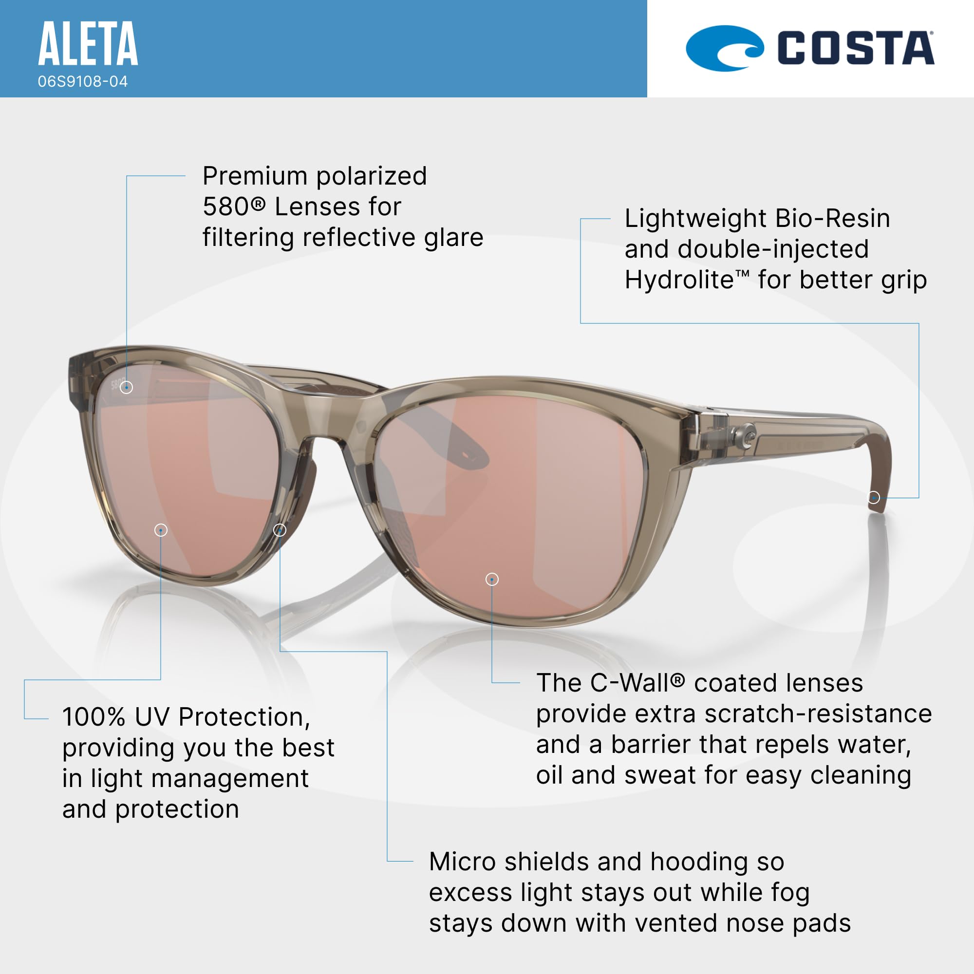 Costa Aleta Polarized Sunglasses Copper Silver Mirror 580P/CAT2