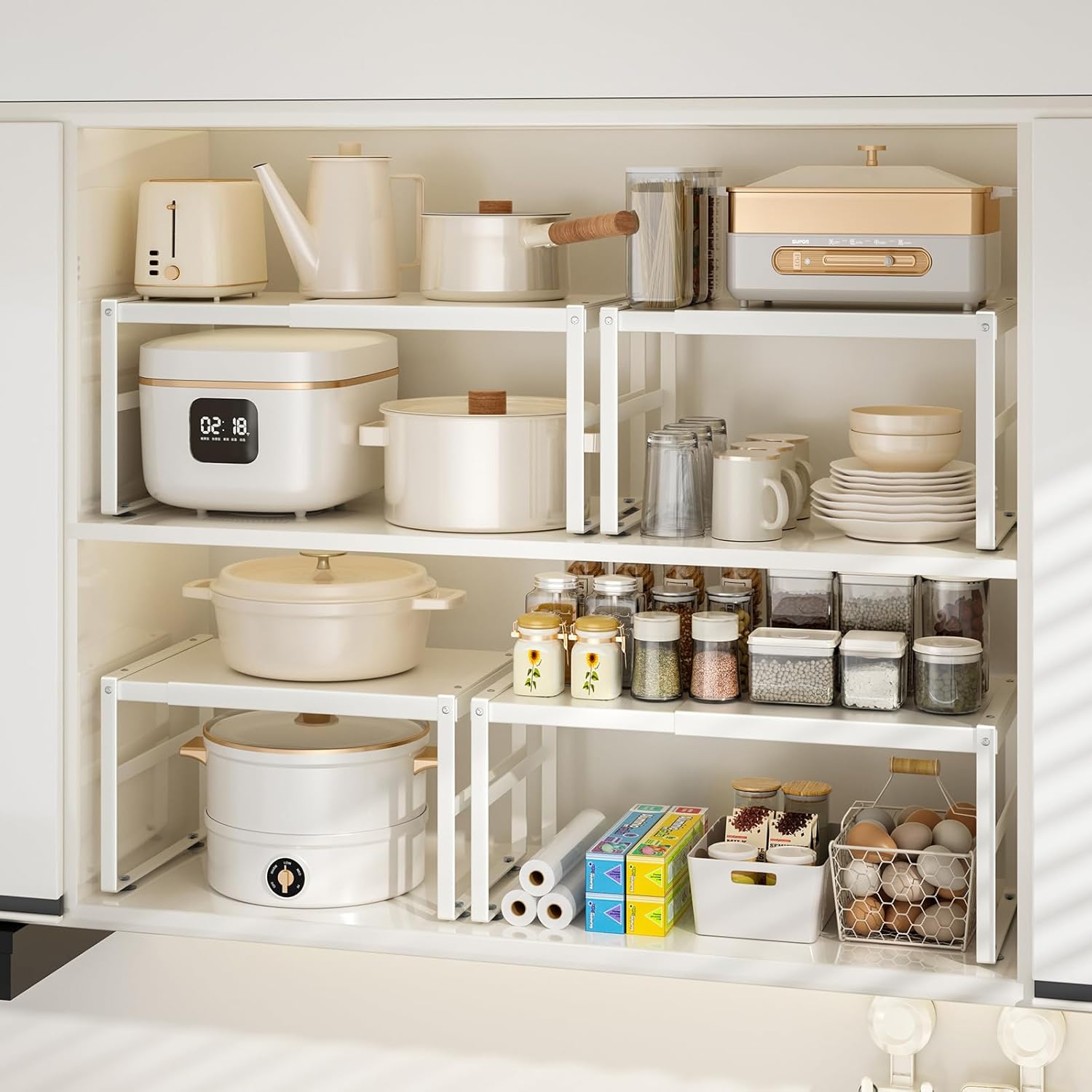 Expandable Cabinet Organizer, Metal Pantry Organizer Spice Rack Storage Shelves for RV,Kitchen, Pantry, Cupboards, Under Sink and Counter Storage,Office,Adjustable Shelf,White Large