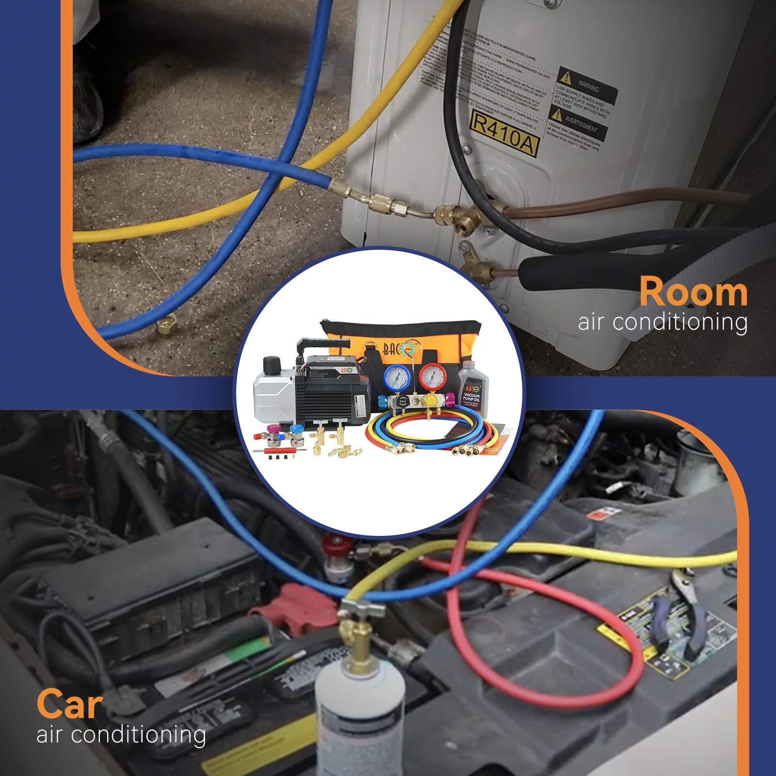 BACOENG 4.5CFM Pompe à Vide Climatisation et 4 Voies Kit Recharge Climatisation Voiture, Idéal pour R134A R410A