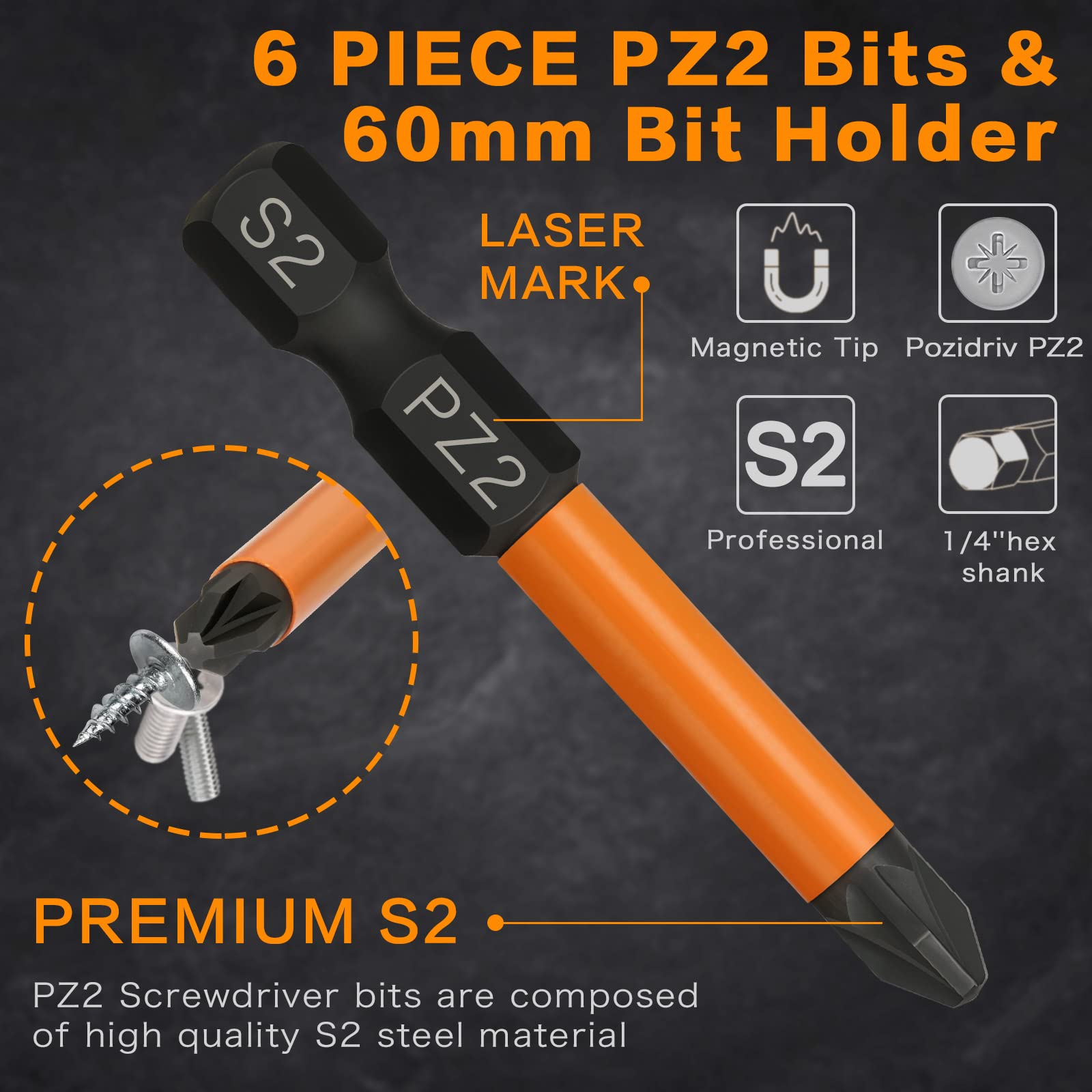 PZ2 Impact Driver Bits Hakkin Heavy Duty Magnetic Pozidriv Screwdriver Bits with Bit Driver S2 Steel 1/4” Hex Shank POZI Bits with 1pcs 60mm Bit Extension Holder - Image 4