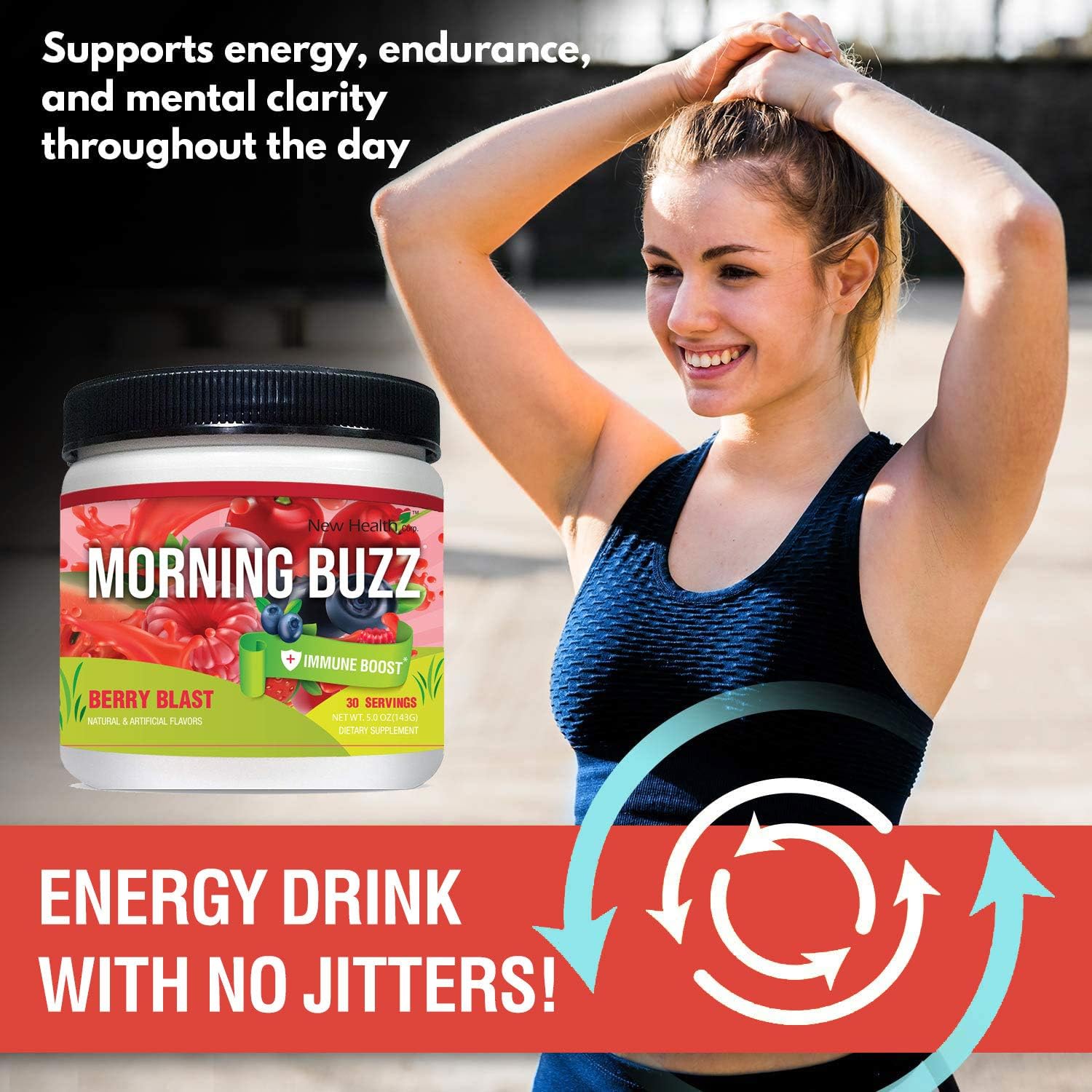 Morning Buzz Clean Energy Drink Mix + Immune Support (5 Oz/143g) by New Health, Sugar-Free, Green Tea Natural Caffeine, Vitamin D, Zinc, Antioxidant, Probiotic, Powder Mix, 30 Serving