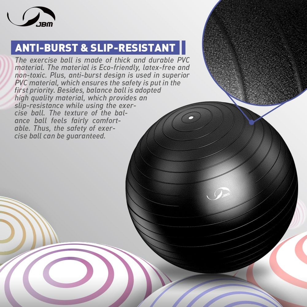 JBM Exercise Yoga Ball with Free Air Pump 200 lbs Slip-Resistant Yoga Balance Stability Swiss Ball