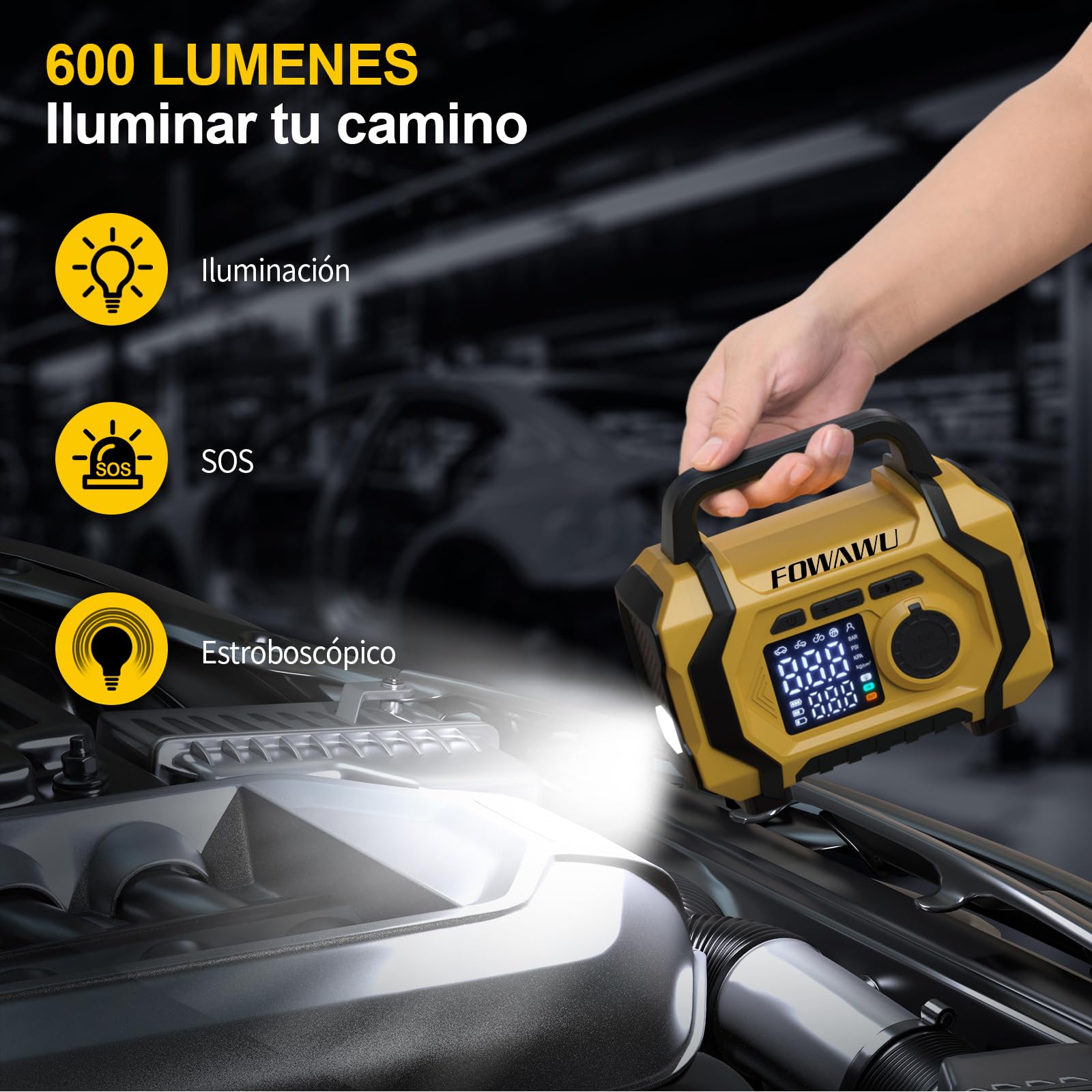 FOWAWU Arrancador de Baterias con Compresor de Aire 9 en 1, Arrancador de Baterias 8000A 26800mAh(hasta All Gasolina/10 L Diesel), Compresor Aire 150psi Parada Automática