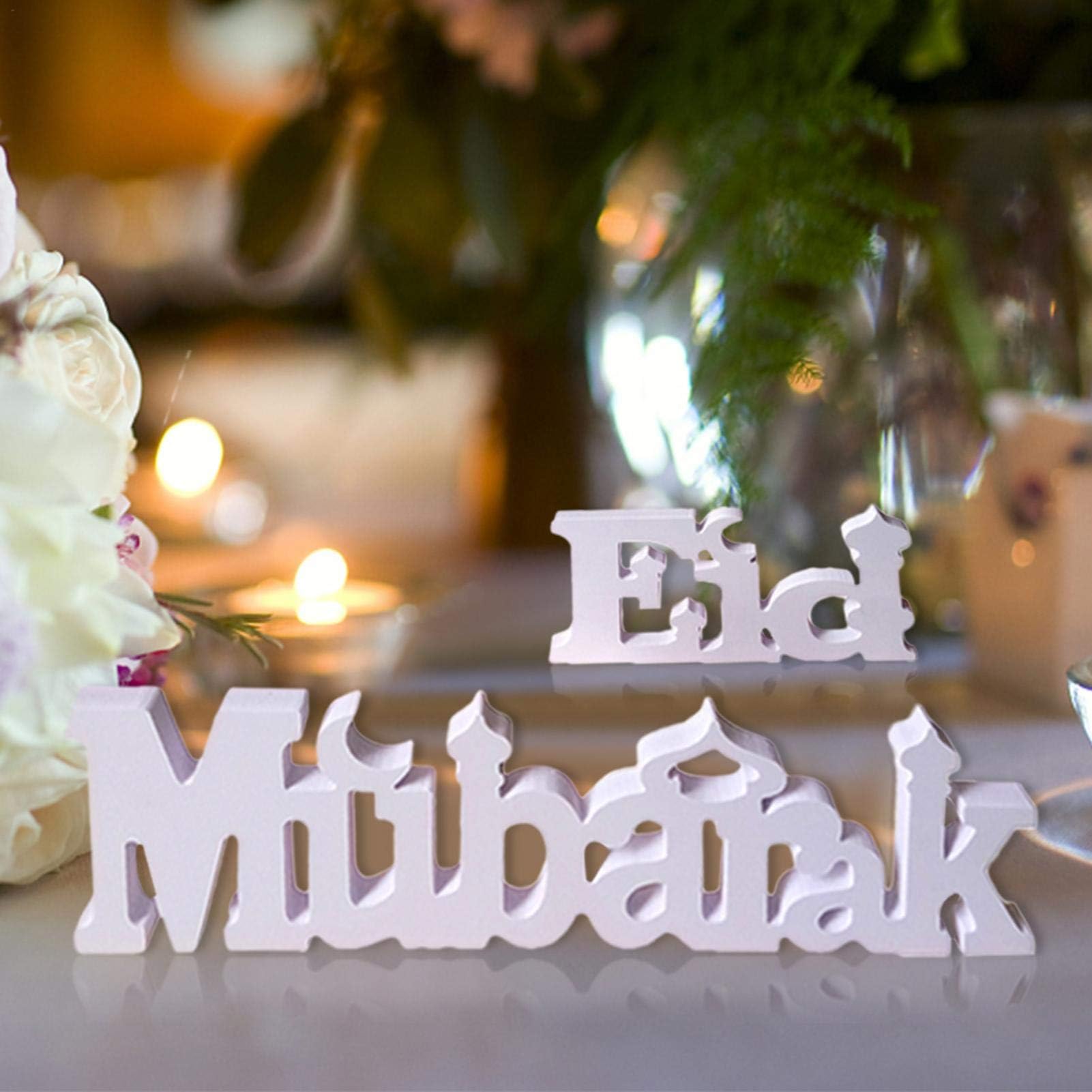 Ksruee White Eid Mubarak Wooden Letters Table Decoration, Letters DIY Festival Eid al-Fitr Ornaments Party Pendant