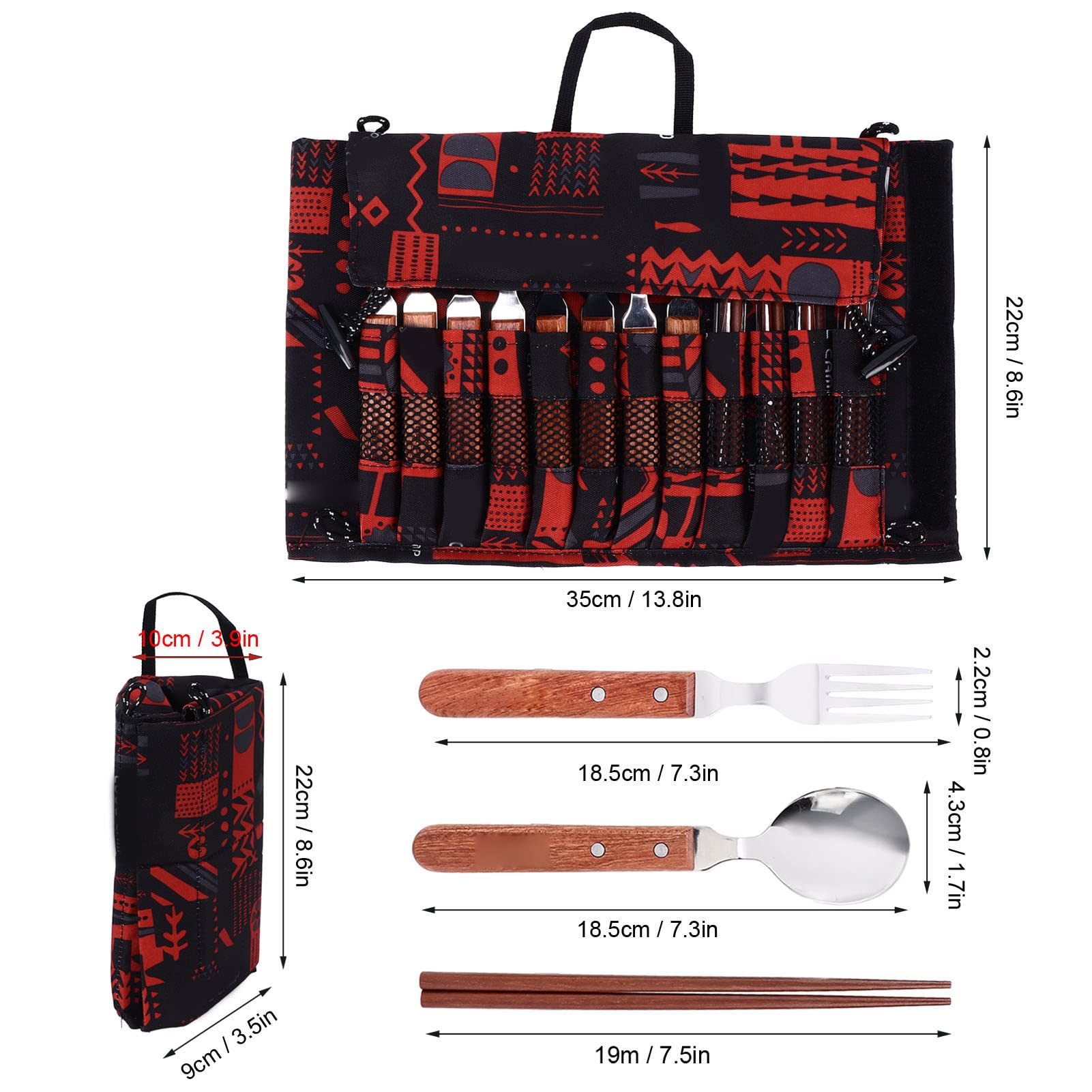 12 Stück Edelstahl Holzgriff Geschirr Set, wieder verwendbare Holzgriff Silberwaren-Set Löffel Gabeln Essstäbchen mit Trage tasche für Barbecue Camping Reisen